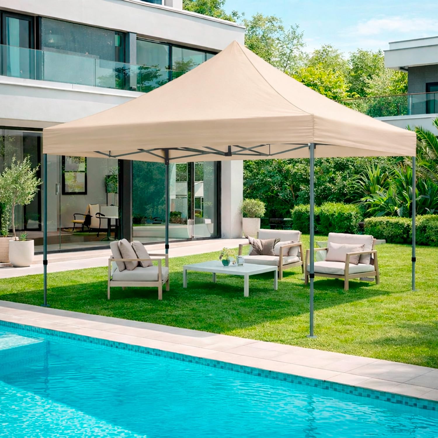 Gazebo Professionale 3x3 M Richiudibile Automatico In Acciaio Con Telo Oxford 1200D PVC Impermeabile e Anti UV Struttura a Fisarmonica con Sacche Zavorra e Borsa Trasporto Sagre Feste Eventi (Beige)