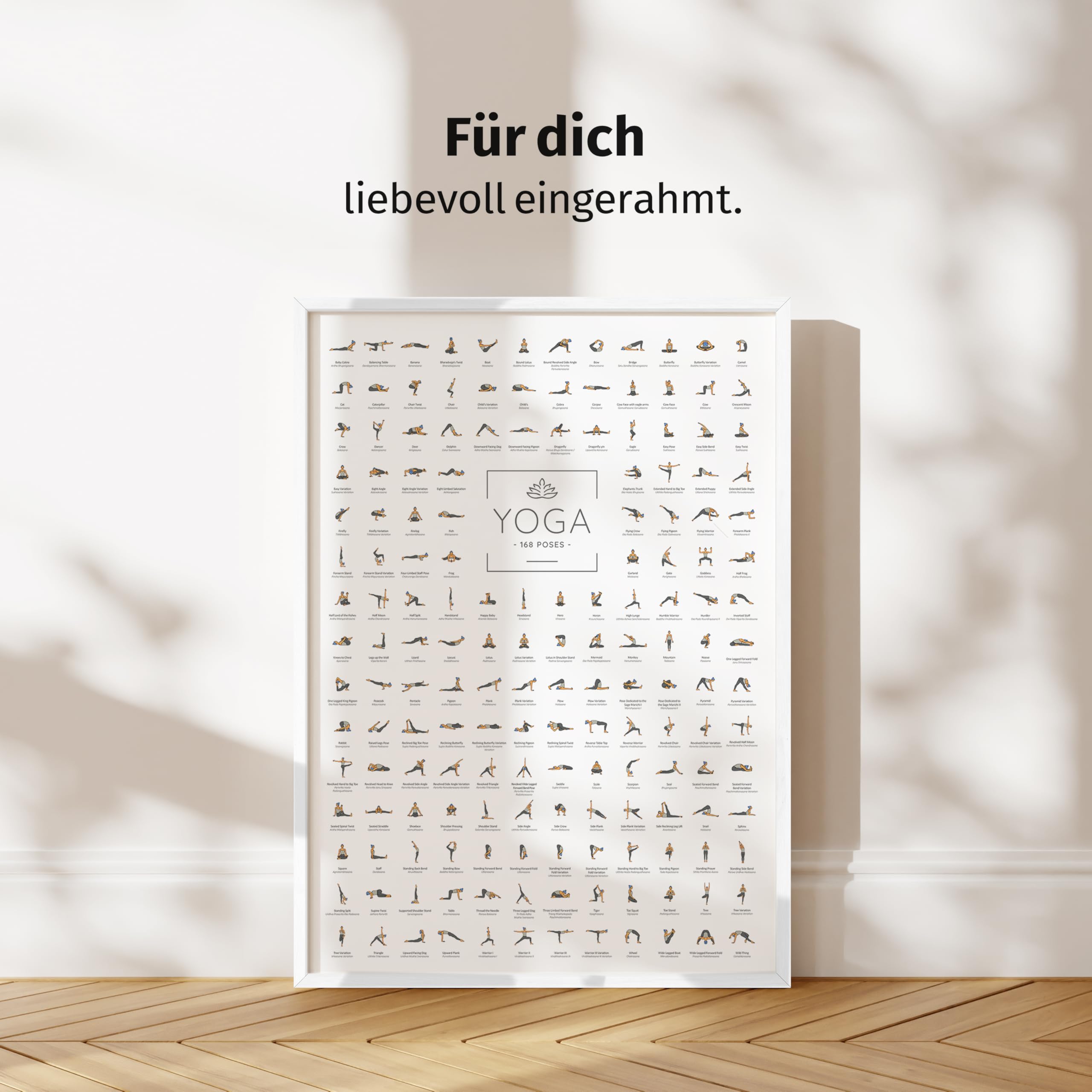 JUNOMI® Yoga Poster DIN A2 Rahmen Weiß | 168 Asanas, Yoga Übungen | Wanddeko für Yogastudio, Übungsraum und Zuhause, alle Posen alphabetisch von Baby Cobra bis Wild Thing