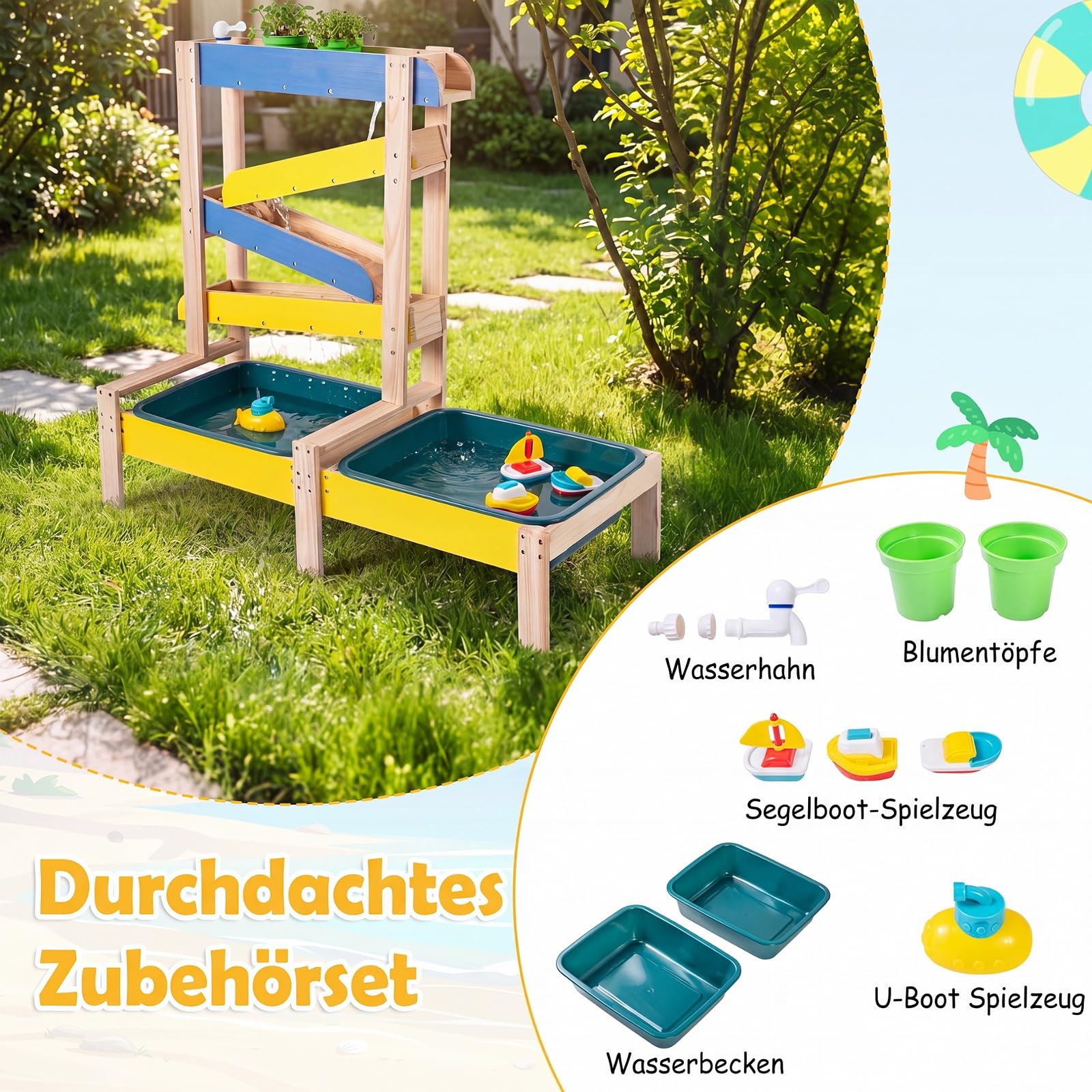 COSTWAY Sand- und Wassertisch, Sandspielzeug mit 2 Becken und Zubehör | 3 in 1 Montessori Sensorik-Spieltisch für Kleinkinder ab 3 Jahren, Outdoor Gartenspielzeug für Jungen und Mädchen