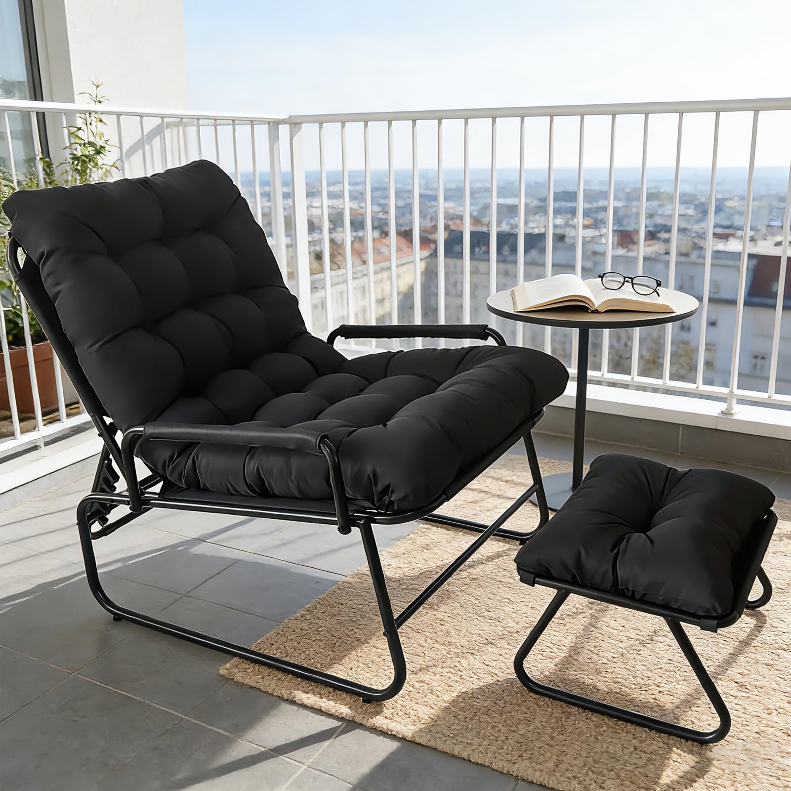 Cozykimo Loungesessel Outdoor mit Hocker, Relaxsessel Garten, Gartensessel 150 Kg, mit Liegefunktion, Sessel mit Hocker, Balkonsessel Verstellbare Rückenlehne, für Garten, Pool, Terrasse Noir Garten