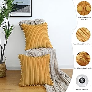 Oirpro Fall Yellow Throw Pillow Covers 18x18 Set of 4 Soft Corduroy Modern Boho Accent Cushion Covers with Pom-poms Decorative for Couch Bed Sofa Living Room