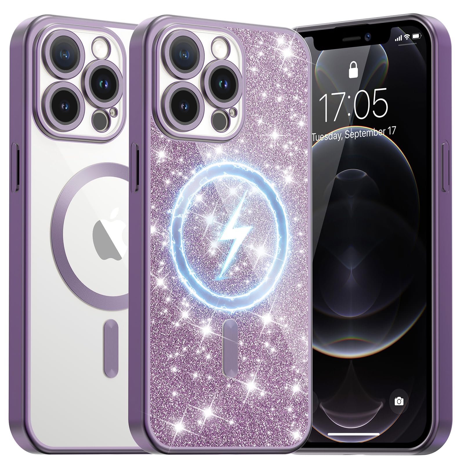 Funda para iPhone 12 Pro con purpurina para mujeres y niñas, bonita capa brillante, compatible con Magsafe [protector de lente de cámara desmontable] a prueba de golpes para iPhone 12 Pro de
