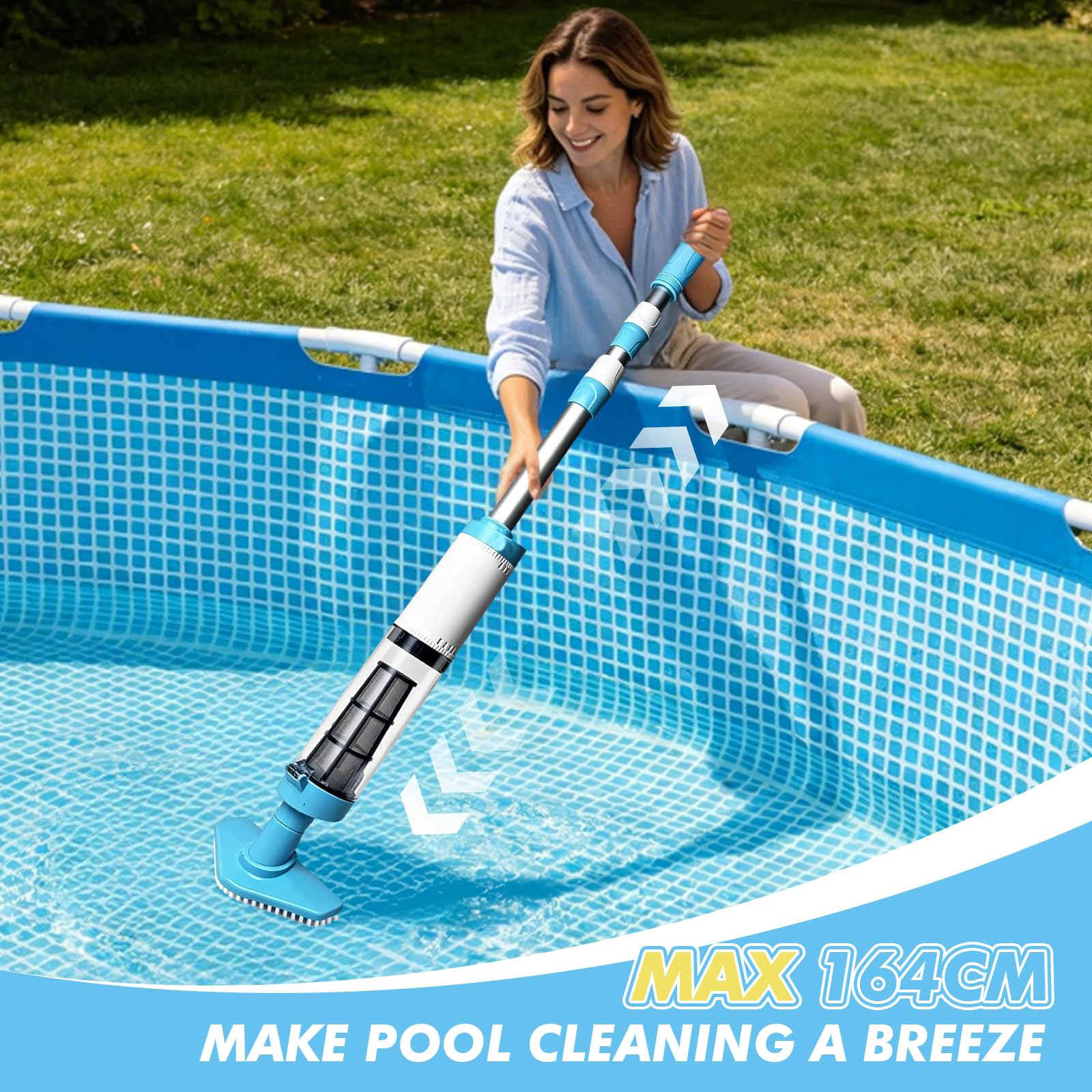 3 en 1 Aspirateur de Piscine sans Fil Aspirateur avec 165cm Perche Rétractable Nettoyeur Électrique à Batterie Rechargeable Portable Hors Sol Spirateur 90 Min D’Autonomie pour Piscine,Jacuzzi,Spa