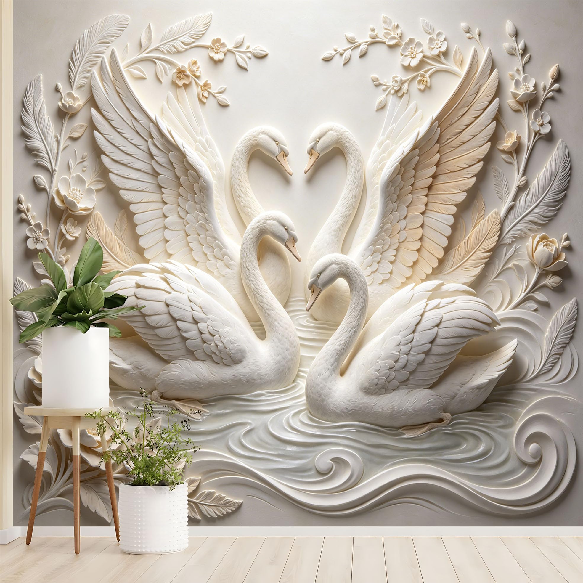 Biały łabędź kwiatowy mural elegancki łabędzie jezioro efekt tłoczenia włóknina tapeta luksusowa europejska para łabędzia botaniczna fototapeta 159 x 280 cm kremowa biała dekoracja ścienna do salonu