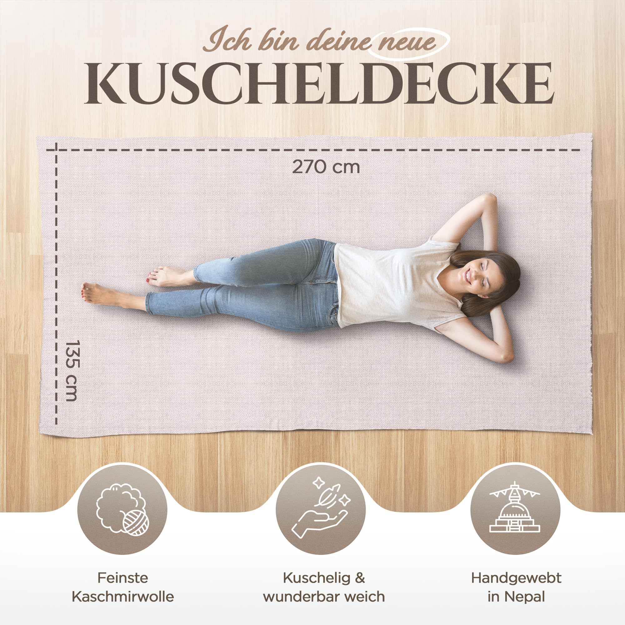 Kaschmirdecke – Handgewebte Sofaüberwurf Decke aus 100% Kaschmirwolle – 135 x 270 cm Weiche und gemütliche Kuscheldecke für Couch und Stuhl – Hergestellt in Nepal
