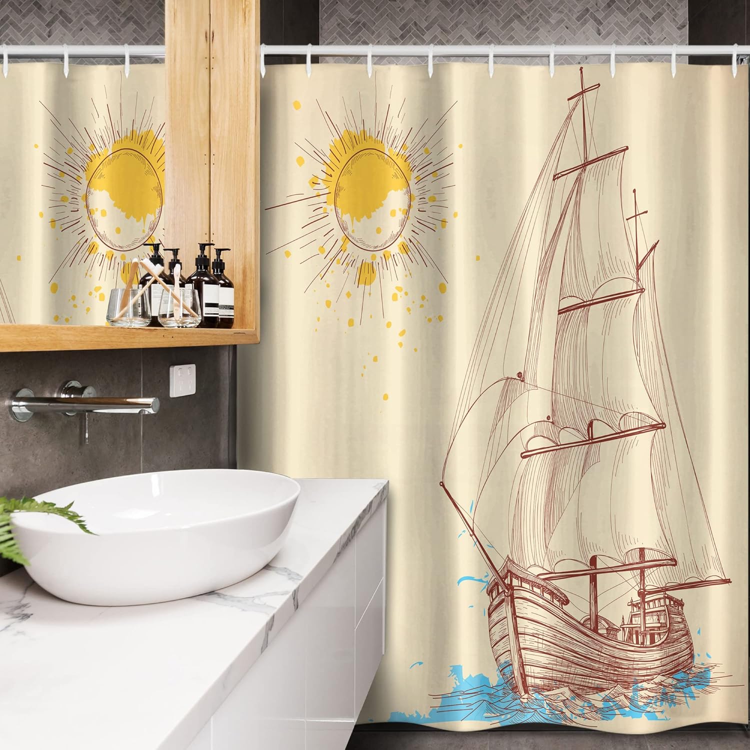 Ambesonne Nautical Stall Shower Curtain, Marine Pattern of Sailing Boat in Windy Sea Splashed Sun Cruising Galleon, Fabric Bathroom Decor Set with Hooks, 54" W x 78" L, Cream Brown