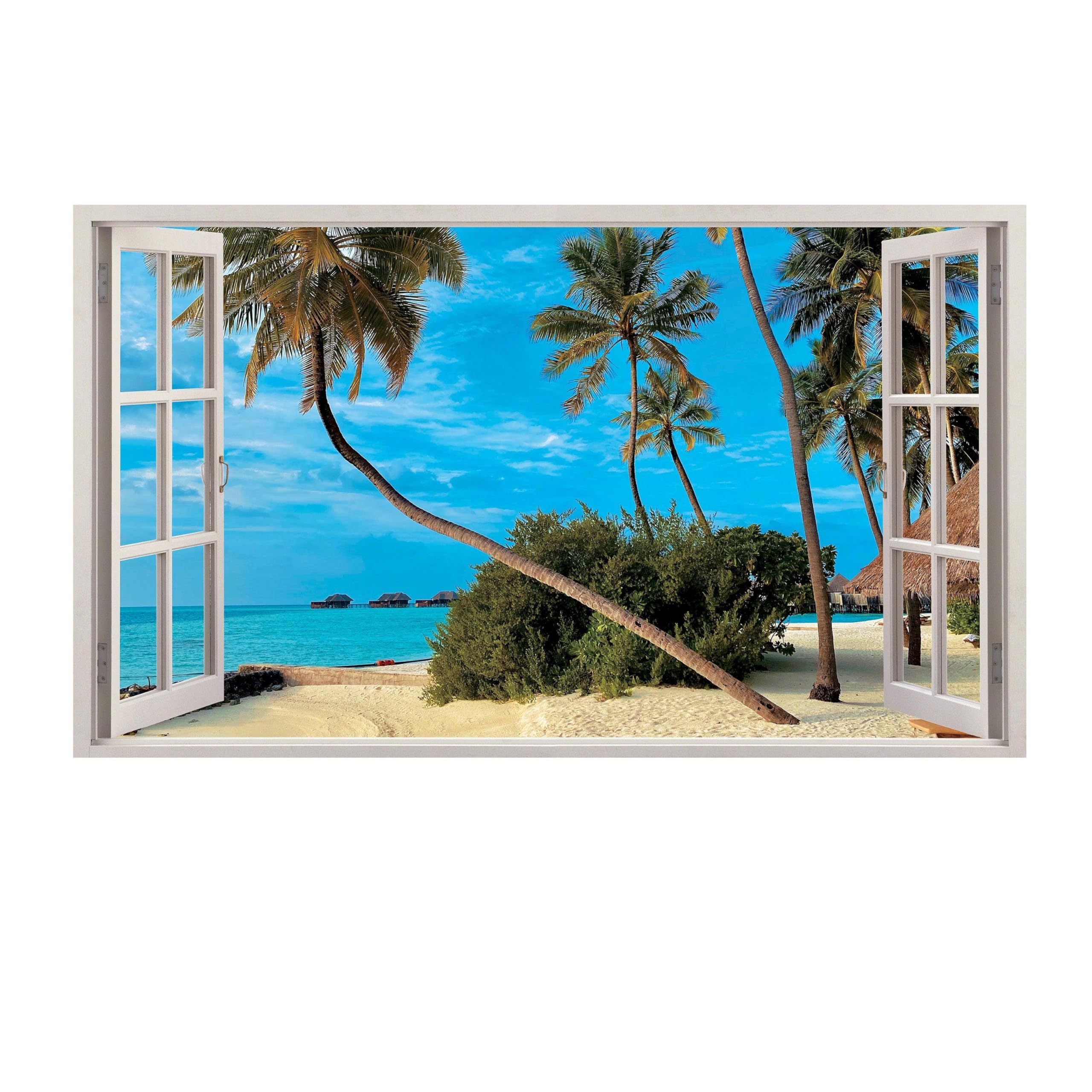 Adhesivo de pared 3D con ventana y vista a la playa, removible para dormitorio, escena del océano, vinilo para habitación, 63 x 38 pulgadas, muestra 1