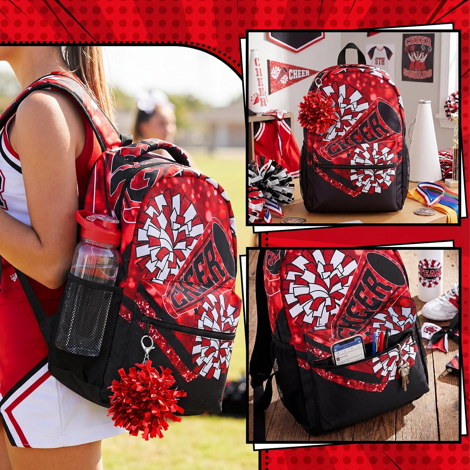 Reginary 2 Pcs/ 1 Set Burgundy Red Cheer Backpacks with Pom Keychain