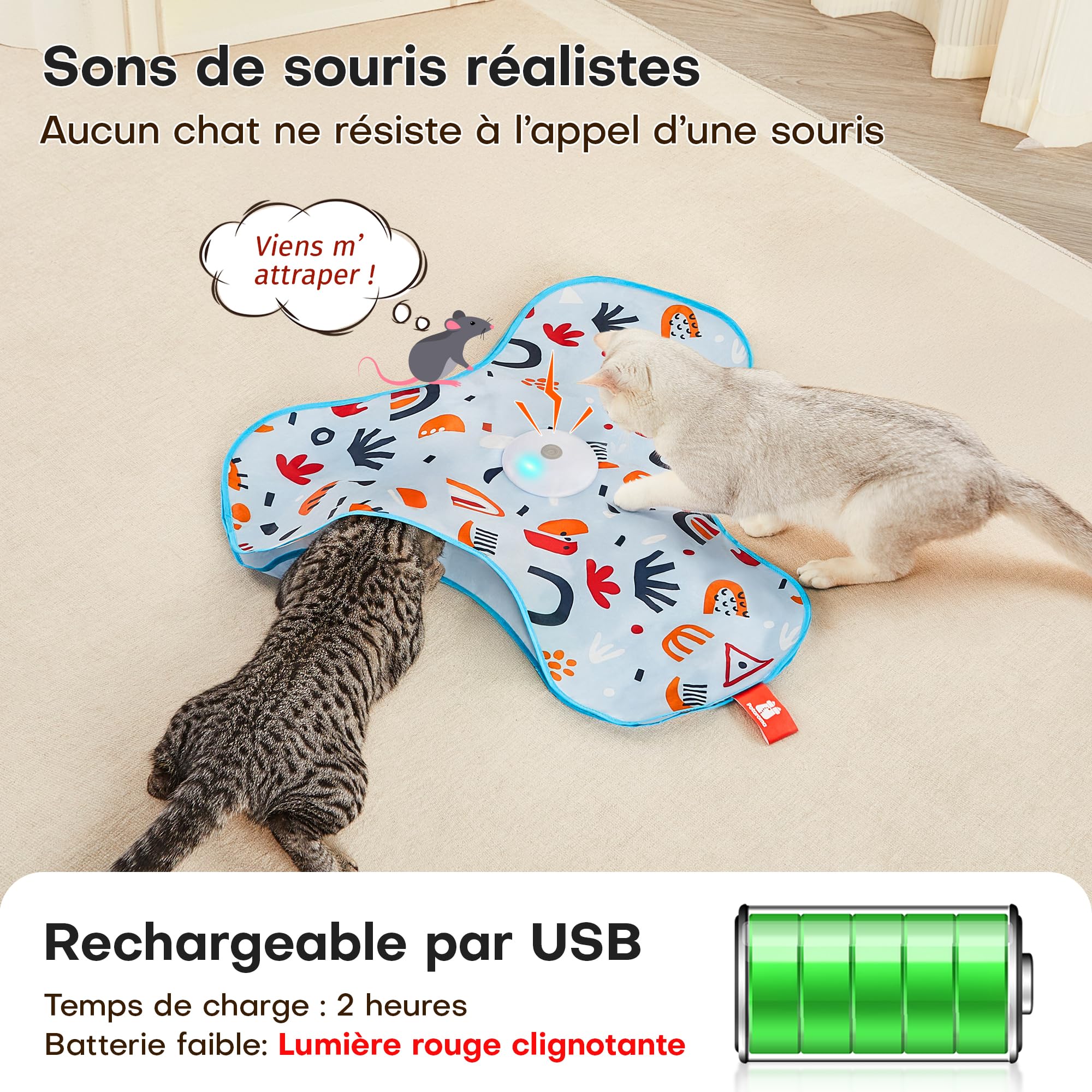 Potaroma Jouet Chat Interactif avec Plumes, Cache-Cache et Chasse, Jouet Automatique pour Chaton & Chat Adulte, Rechargeable USB, Couineur de Souris, Jouet Électronique d'Intérieur Housse Florale