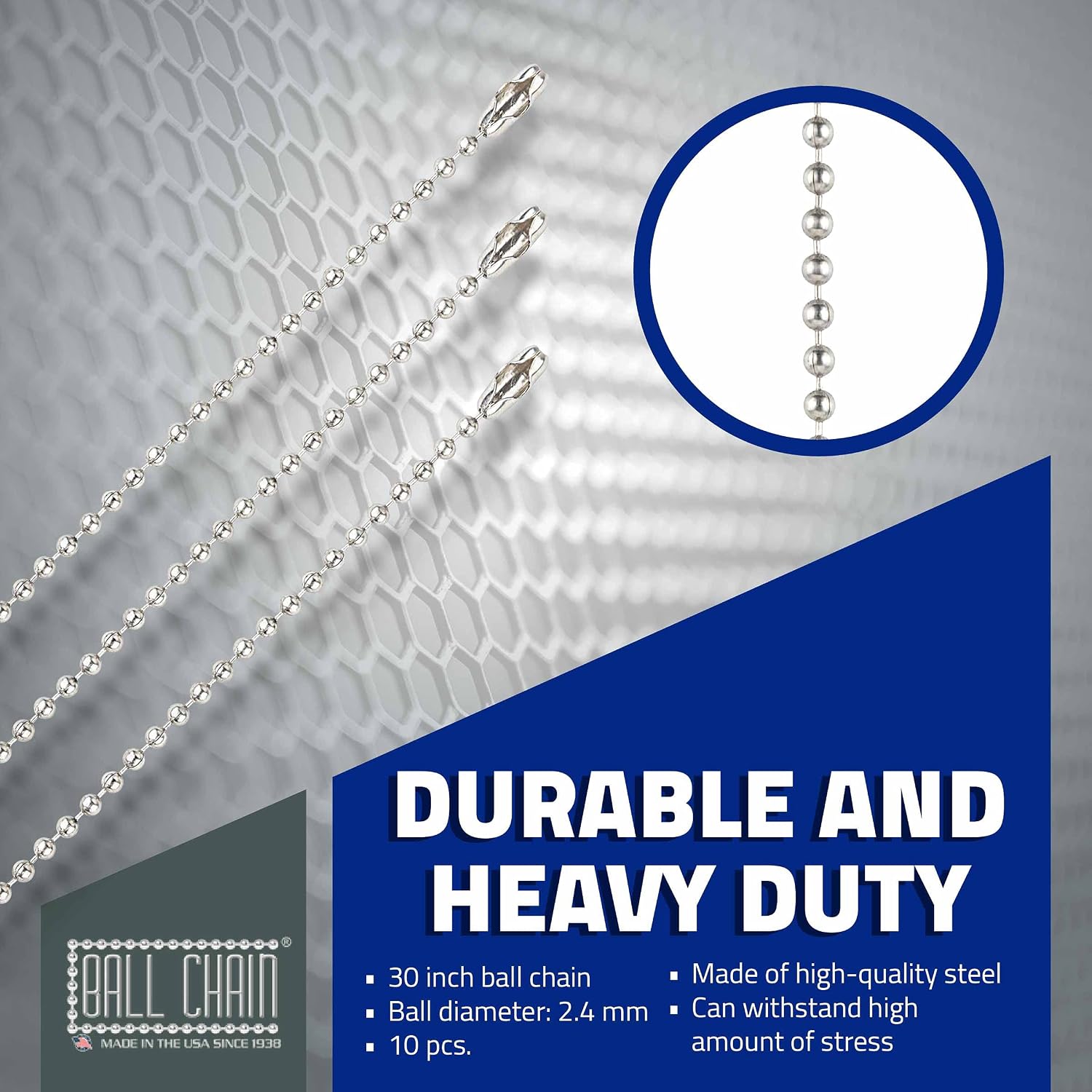 Ball Chain Number 3 Stainless Steel 30 Inch Necklace - 2.4 mm in Diameter - 10 pcs. of Bead Chain with Attached Connector