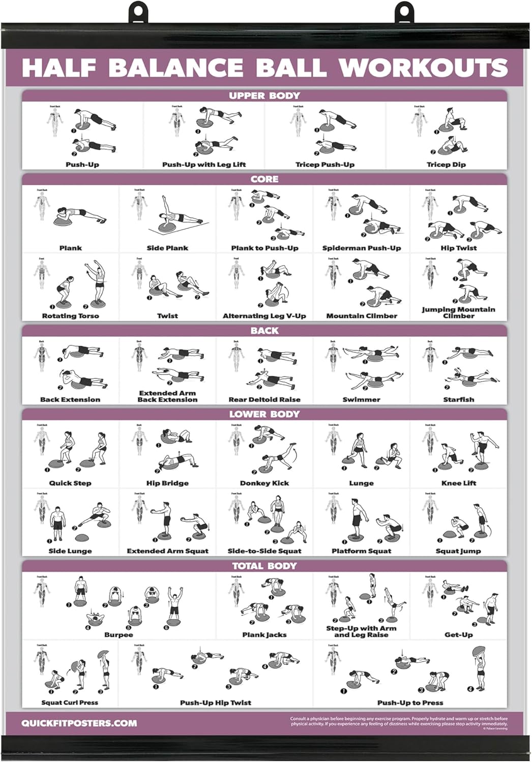 Palace Learning Half Balance Ball Workout Poster - Exercise Chart (LAMINATED WITH PLASTIC FRAME, 18" x 24")