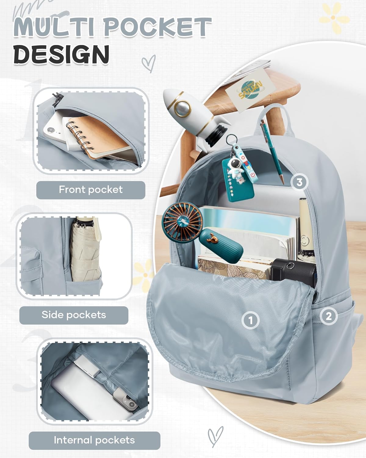 BJLFS Grey Blue Backpack for School Women Girls, Waterproof Book Bag Cute High School Back Pack for Men Teen Boys, Lightweight Travel College Backpack Mochilas Escolares para Casual Daypack Rucksack - Image 4