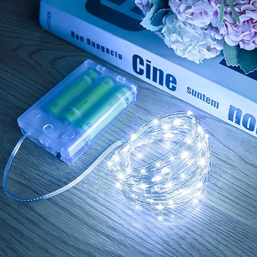 Miniatura 9 de Luces de hadas que funcionan con pilas, paquete de 4 tiras de 100 luces LED de 33 pies, luces parpadeantes de alambre de cobre impermeables, luces