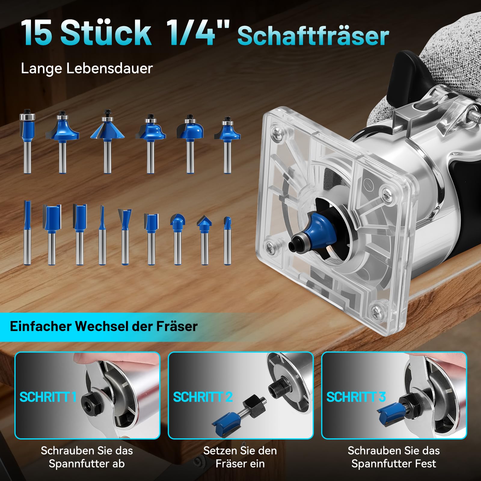 Oberfräse Kantenfräse Einhandfräse, 800W 30000 U/min Elektrischer Holzfräser Trimmer, Multifunktionsfräse mit 15 Stück 6,35mm Fräser Set für Holz, Transparente Basis| Aluminiumgehäuse