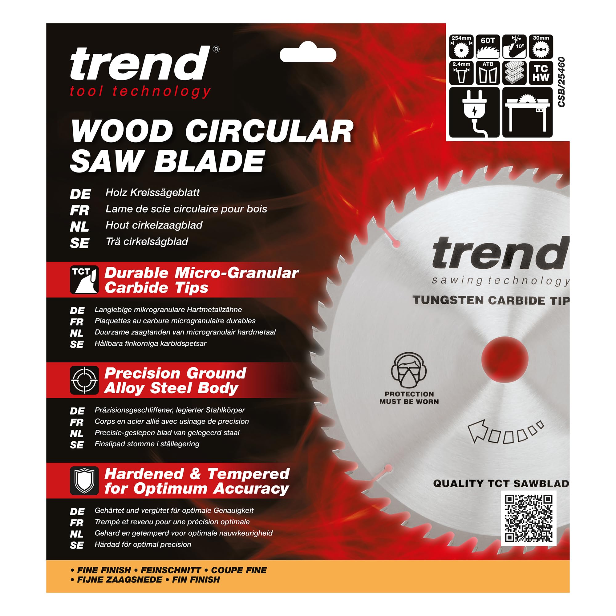 Trend Lame de scie circulaire Wood, diamètre 254 mm, alésage 30 mm, 60 dents, trait de scie 2,4 mm, crochet +10°, TCT, finition fine, CSB/25460