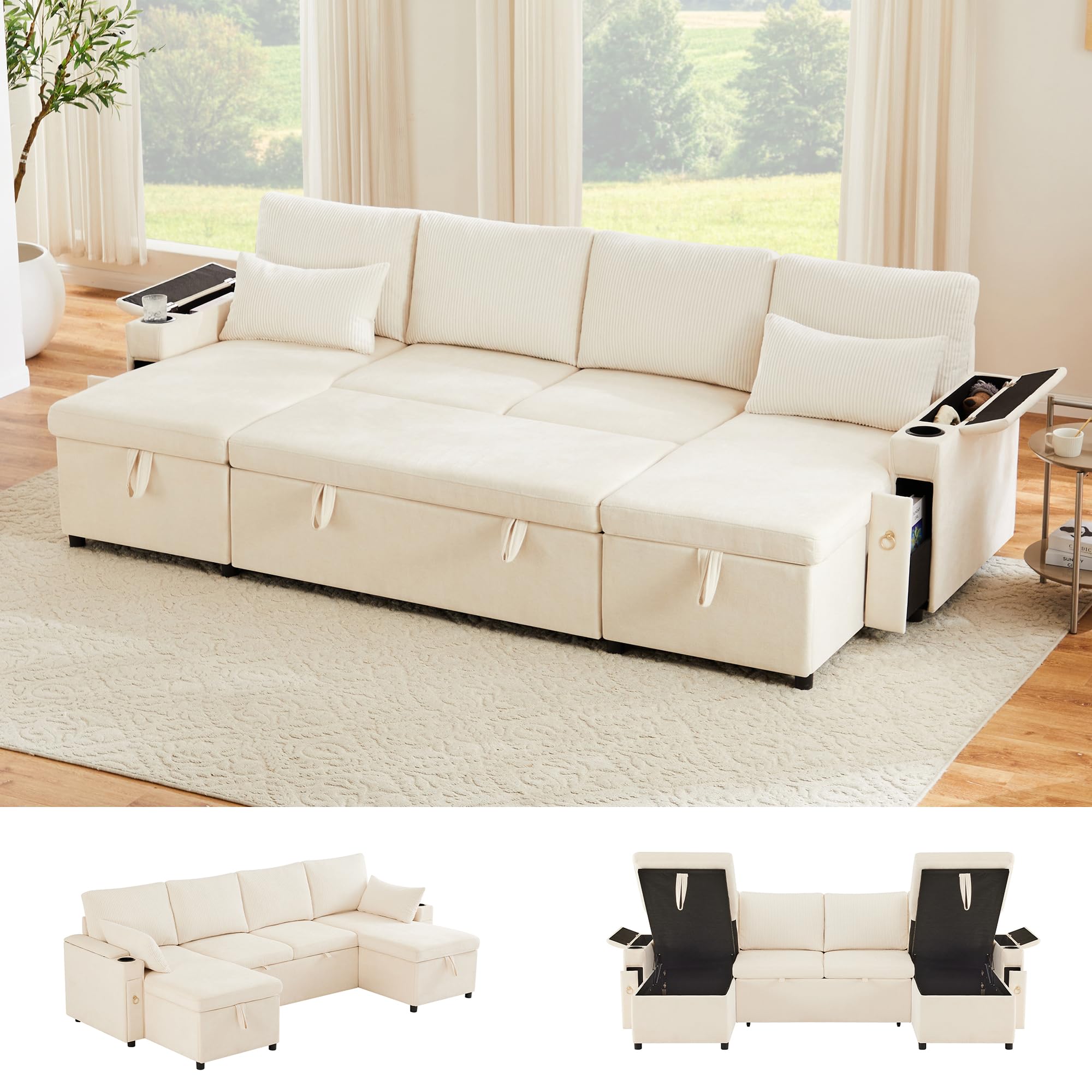 Sofá de esquina en forma de U de terciopelo acanalado con cama para invitados extraíble, sofá moderno de 4 plazas con compartimento de almacenamiento, portavasos y función de cama, asiento tipo chaise