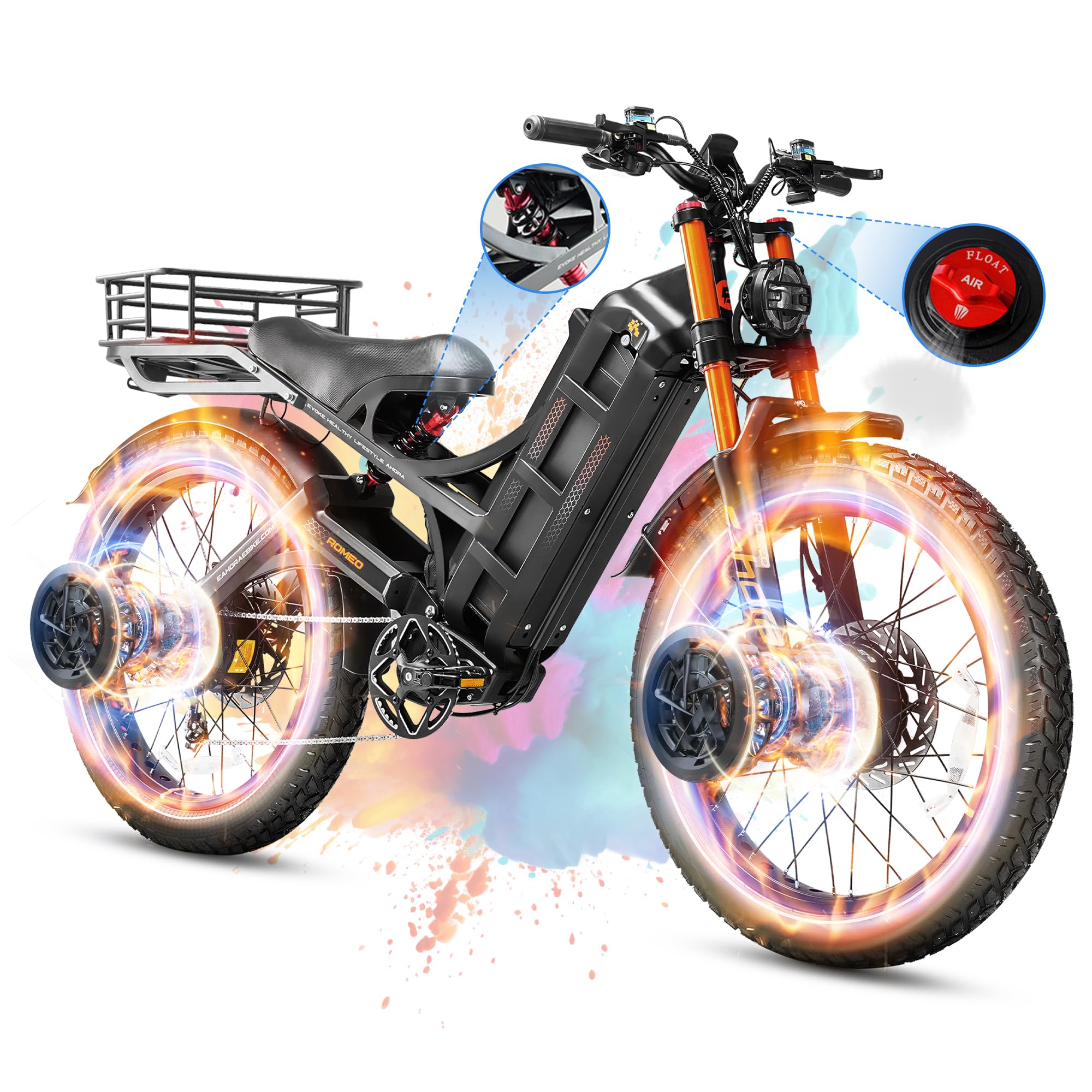 2025 Launch Romeo Pro 3/Pro 2 5000W/4000W 50Mph/46Mph Dual Motor Electric Bike for Adults 60V/52V/48V 80Ah/70Ah/60Ah 200+Miles Long Range Ebike 26 * 4.0" Fat Tire Electric Mountain Bike
