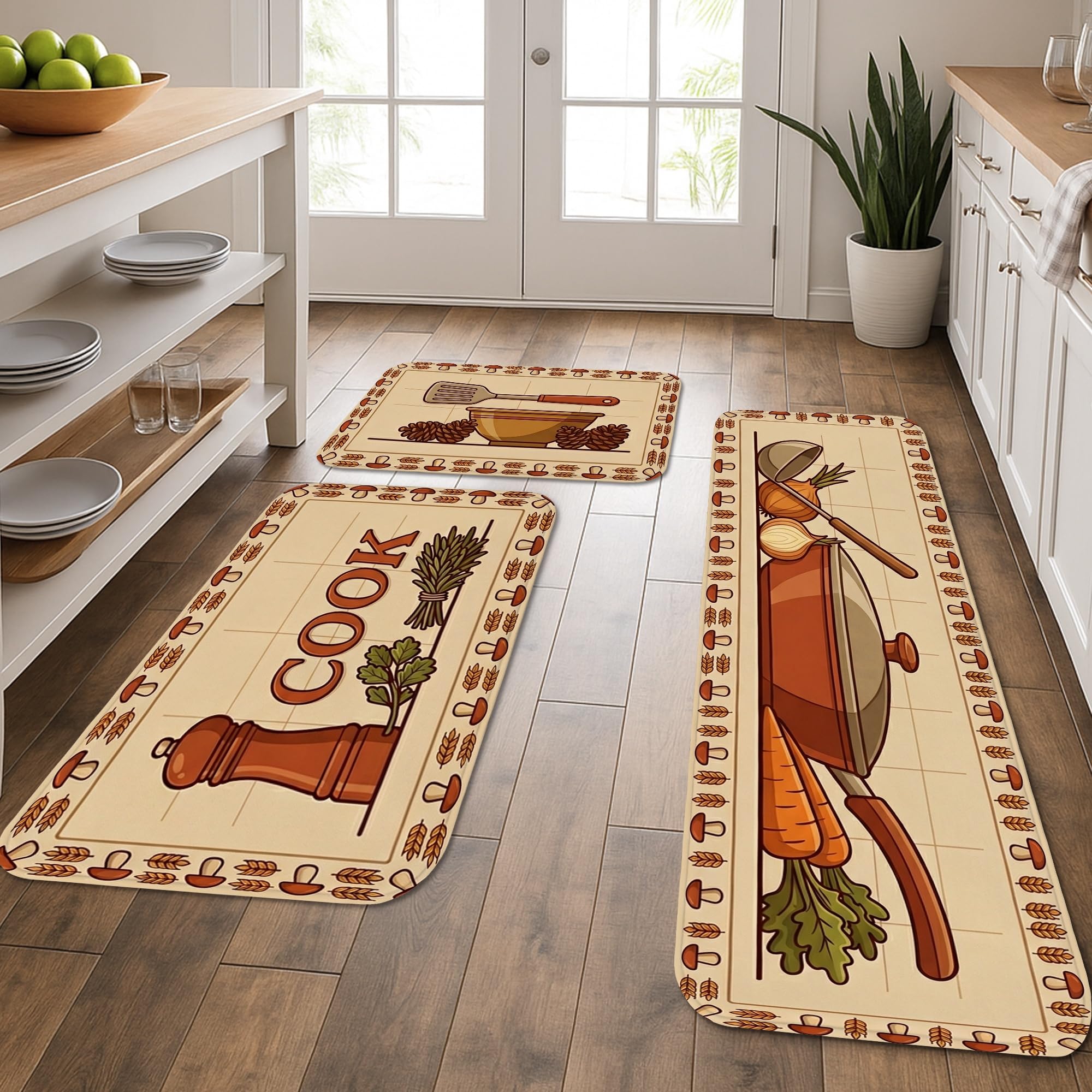 Tapis de cuisine rustique beige lavable en lot de 3 pour évier et entrée