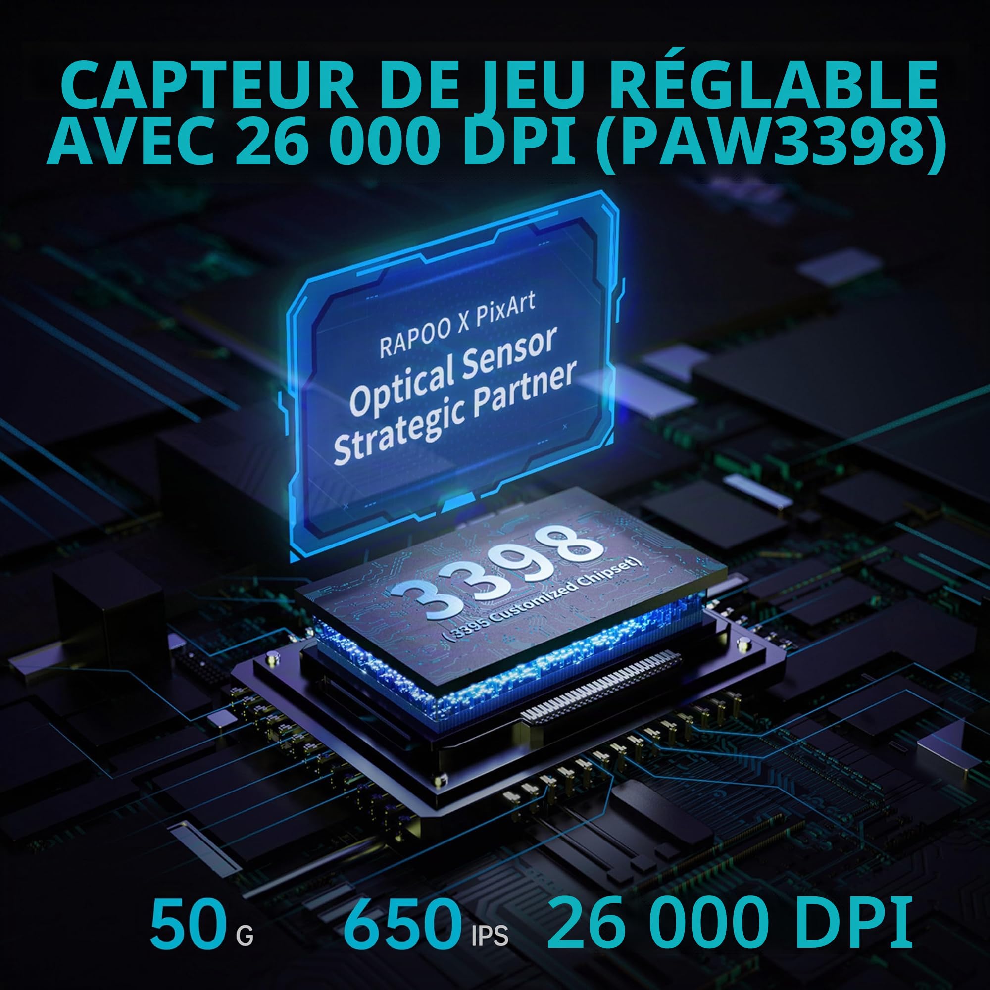 Rapoo VT0PRO Souris de Jeu sans Fil Haute Performance 2,4 GHz avec capteur Optique 26000 DPI accélération 50 G, 650 IPS, jusqu'à 160 h d'autonomie, PC/Mac - Noir