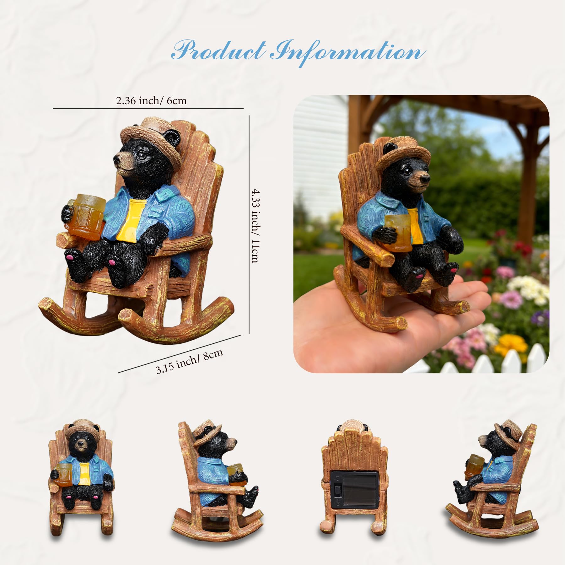4.3" Miniature Solar Black Bear Garden Statue - Small Funny Bear in Rocking Chair with Glowing Beer Mug, Whimsical Outdoor Figurine for Patio & Desktop, Unique Birthday Gift for Dad/Men