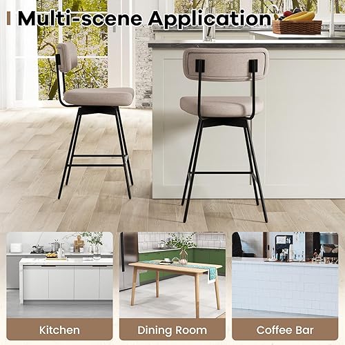 Miniatura 7 de COSTWAY Juego de 2 taburetes de bar tapizados de altura de mostrador de 25 pulgadas con respaldo, sillas de comedor giratorias de 360 con patas y