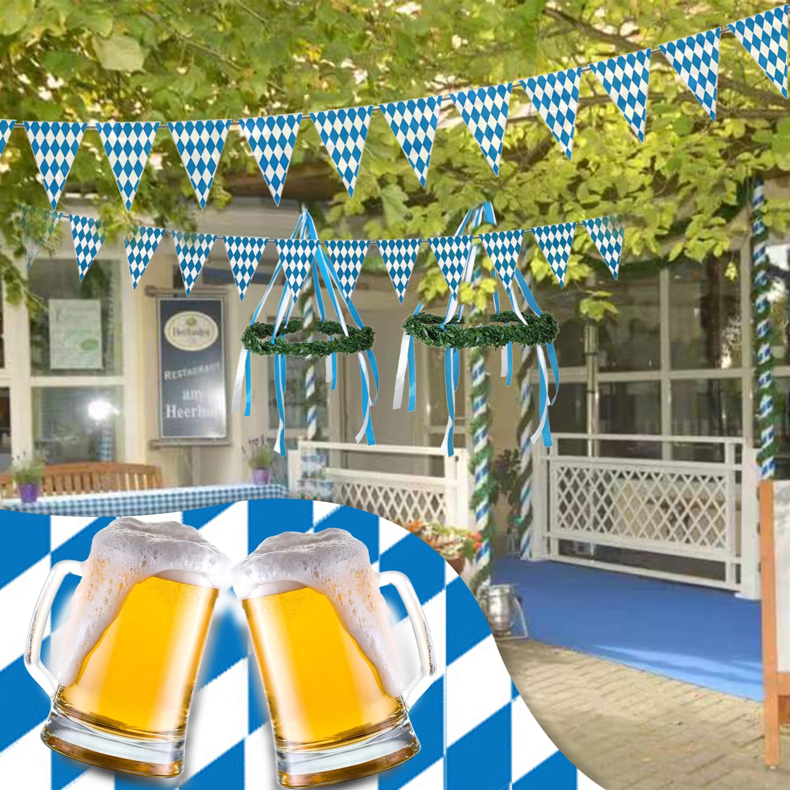 Decorazione fai da te per Oktoberfest fai da te, ghirlanda decorativa bavarese, albero di maggio con Oktoberfest, per feste di birra, giardino di casa, bar, blu/bianco