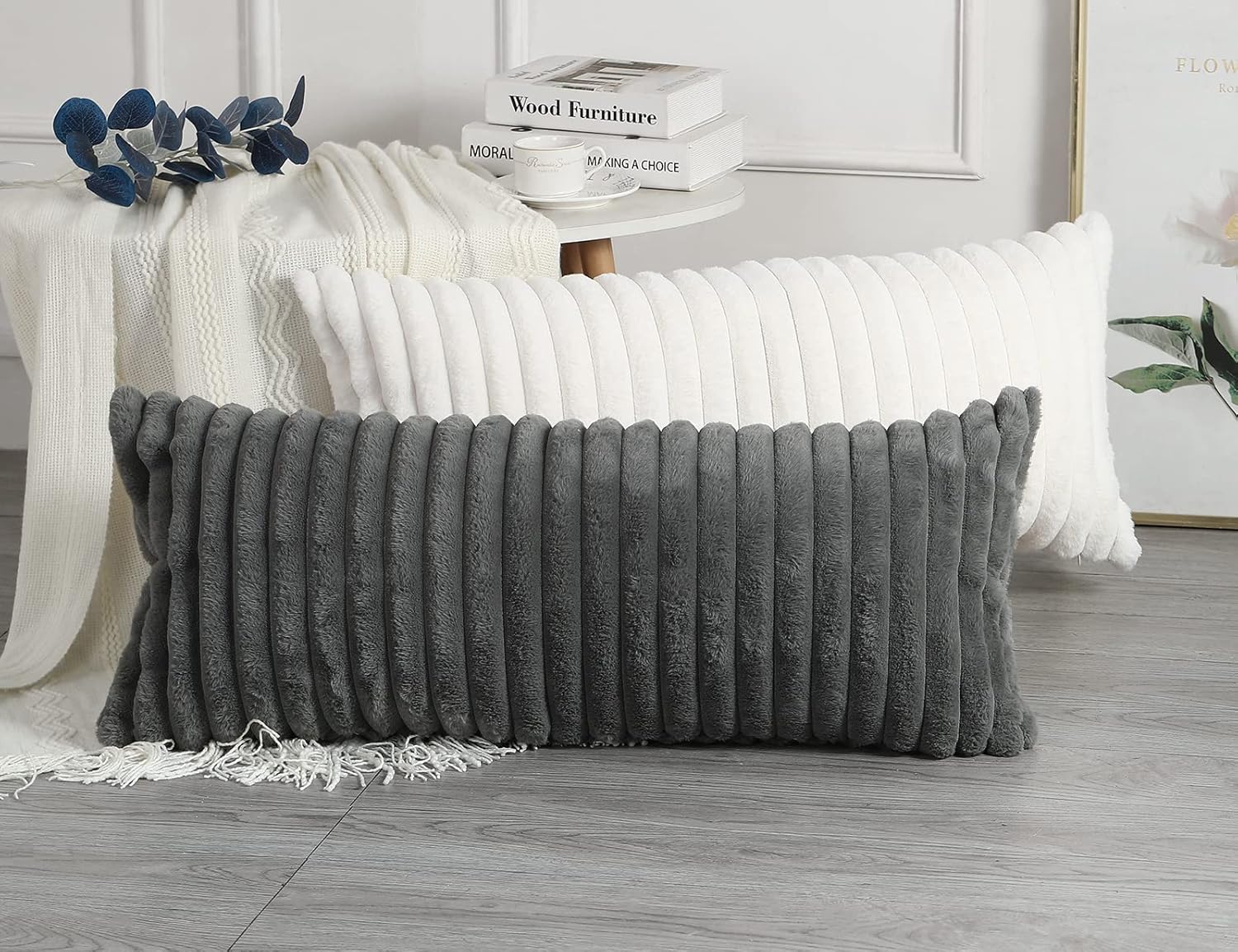 PANOD Faux Fur Decorative Lumbar Throw Pillow Covers 16 x 36,Plush Long Boho Lumbar Pillow Covers Pillow Case Cushion Case for Bed Sofa Farmhouse Livingroom,White