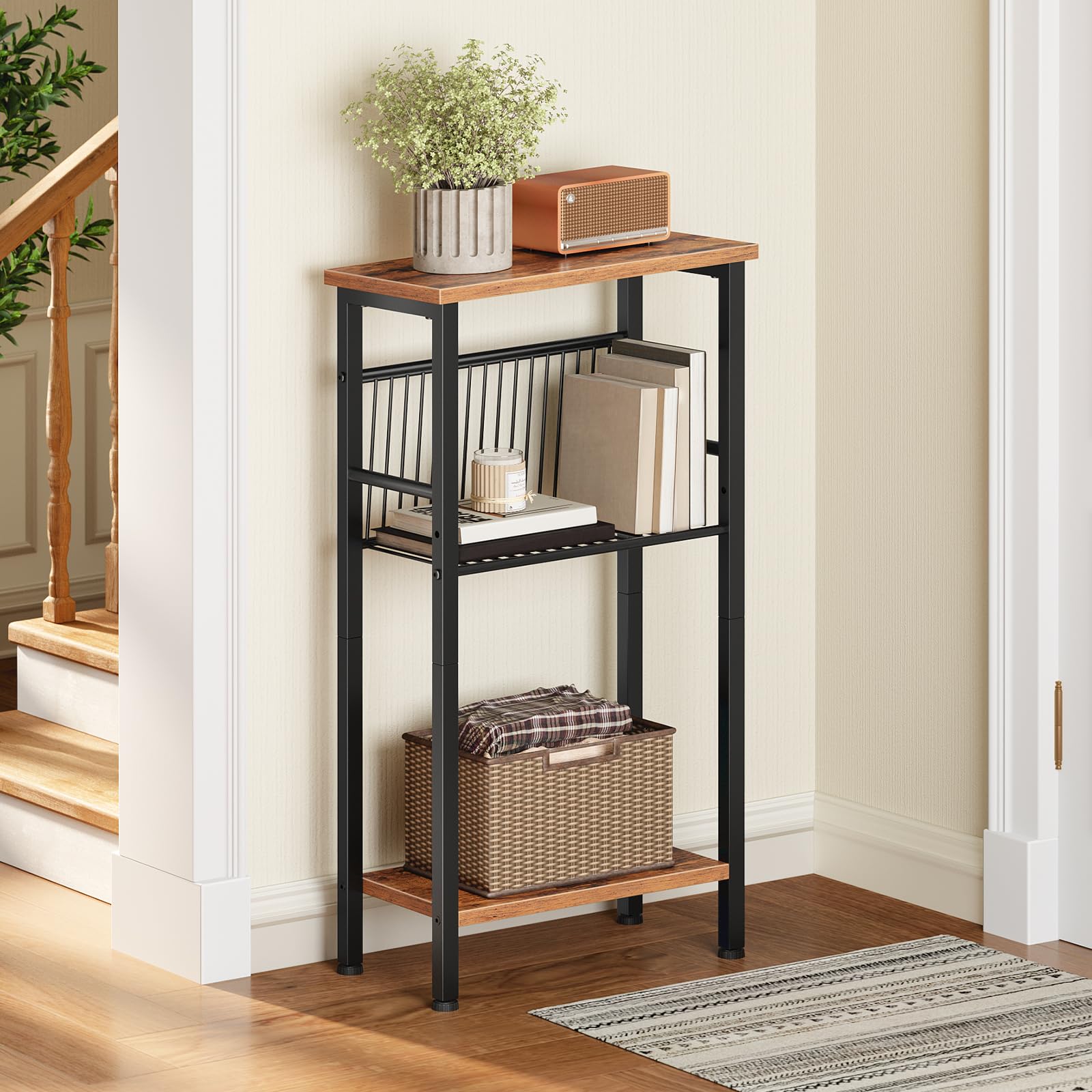HOOBRO Console Haute et Étroite à 3 Niveaux de 40 cm, Étagère Ouverte, Étagère Réglable en Filet, Pieds Réglables, Anti-Basculement, pour Couloir, Salon, Canapé, Marron Rustique et Noir EBF41XG01