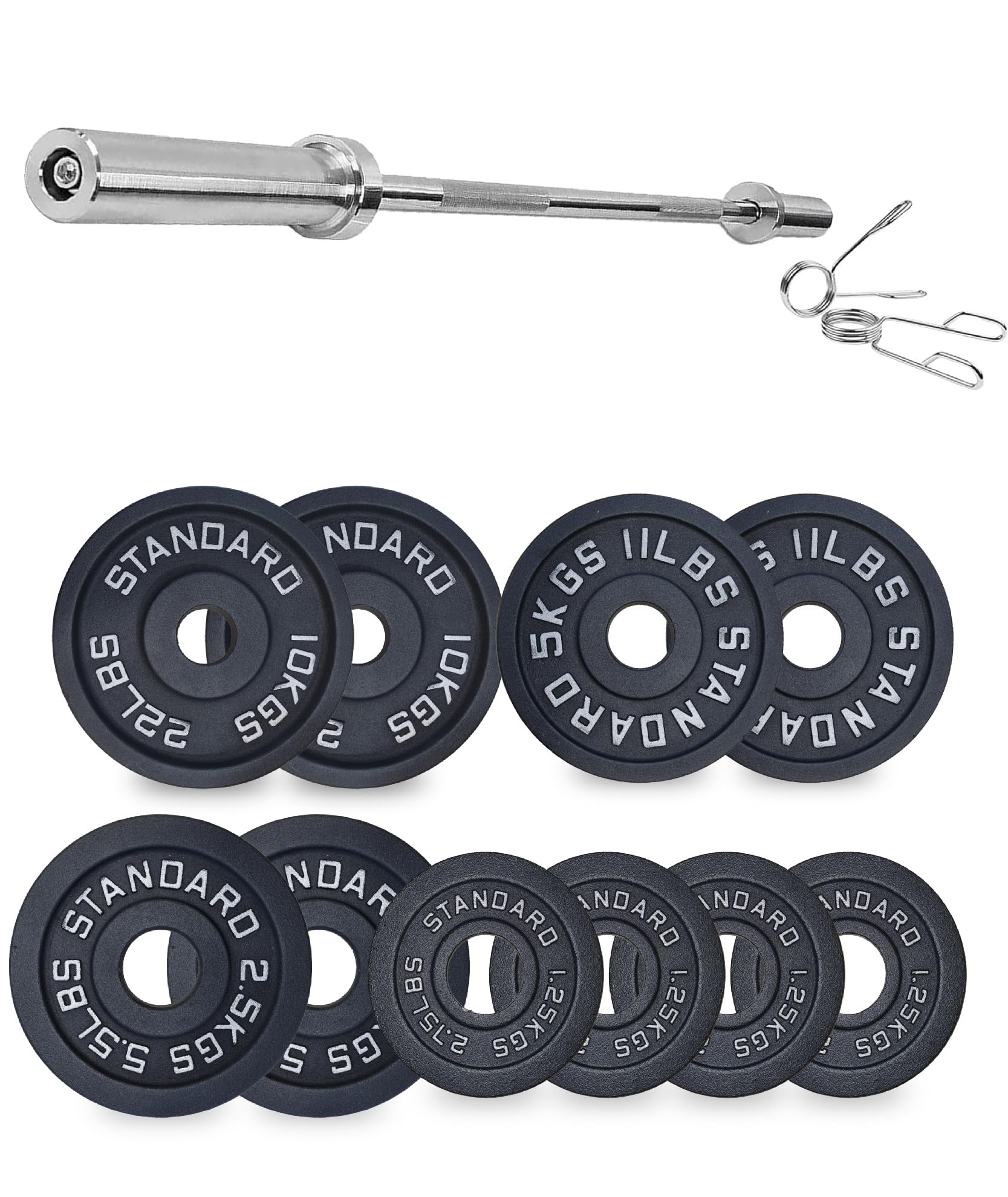 Cast Iron Weight Plates Set 2" Olympic Barbell Home Gym Equipment 1.25kg-25kg Pairs Sets with 5ft-7ft Barbell Strength Training