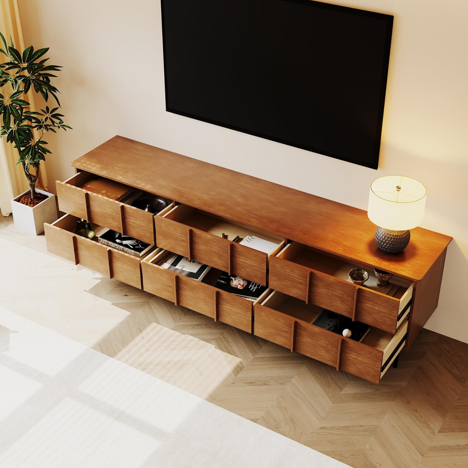Mid Century Modern TV Stand for 70-100 Inch TV, Entertainment Center with Storage, Flowing Wave Design
