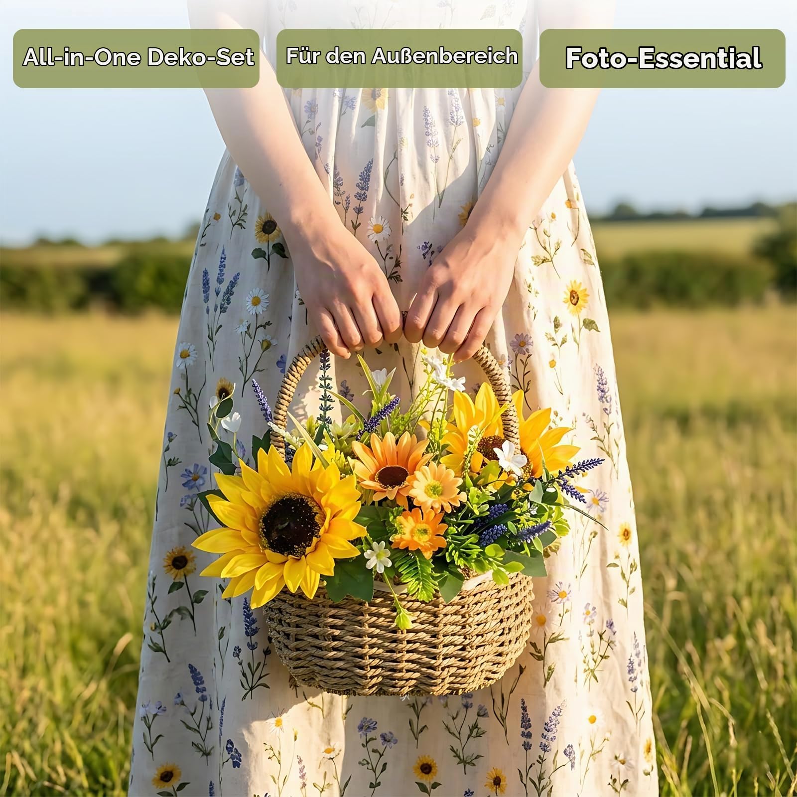 Oairse Künstliche Sonnenblumen im Korb mit Henkel Kunstblumen Arrangement Kunstblumen im Topf Künstliche Blumen wie echte Deko für Tisch, Fensterbank, Küche & Wohnzimmer, Hochzeit, Blumenarrangement