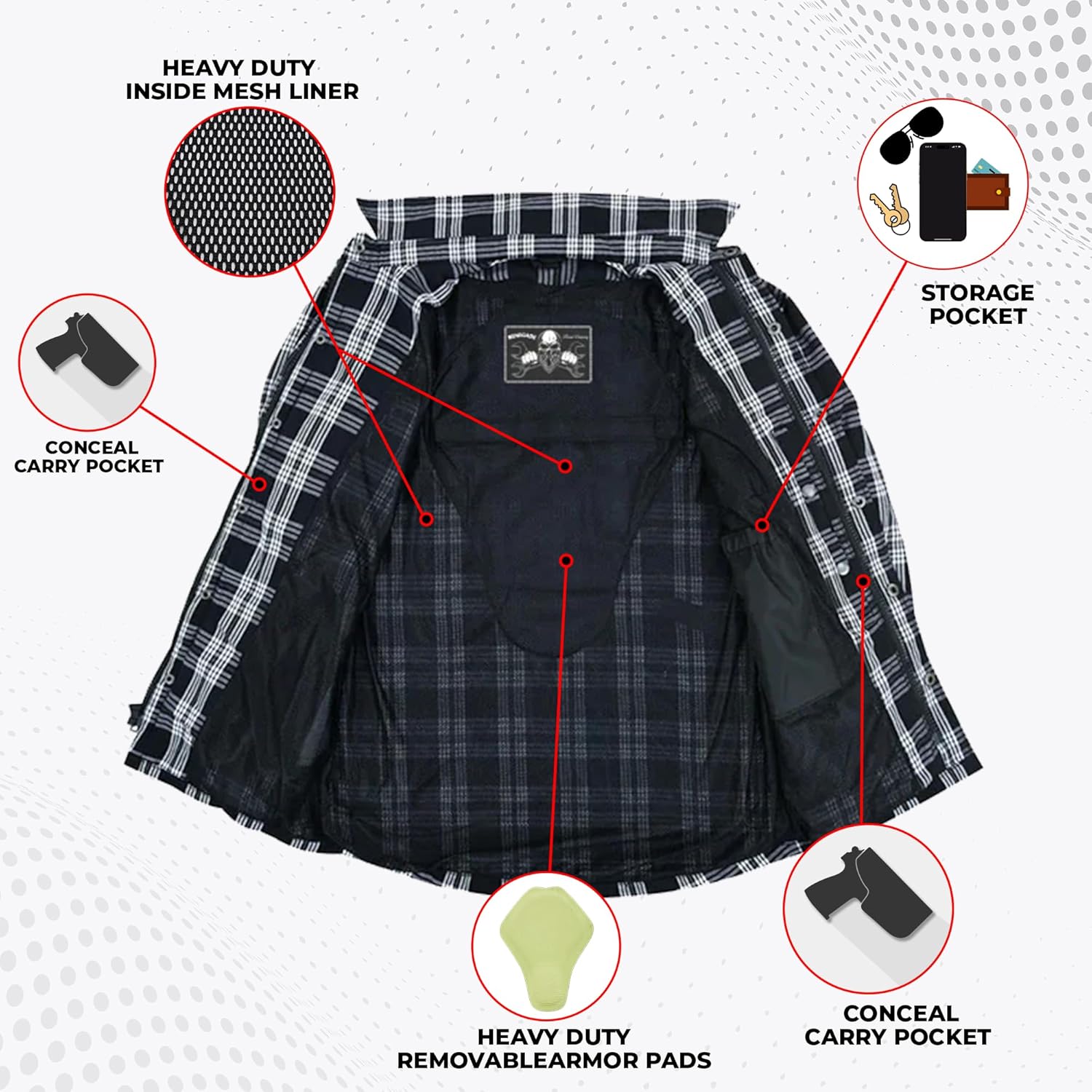 Daniel Smart Men's Motorcycle Shirt Plaid Biker Flannel Jacket Removable Sporty Armored, Zipper Closure & Water Resistant - Image 5