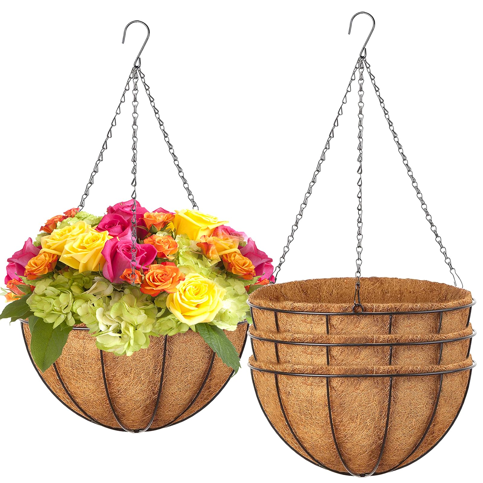 LCHUANG Hanging Baskets Planter for Plants - 4 Pack 10 Inch Metal Baskets with Coco Coir Liner, Hanging Flower Pots for Outside with Chain, Indoor Outdoor Garden Porch Decoration (10'' Pack of 4)