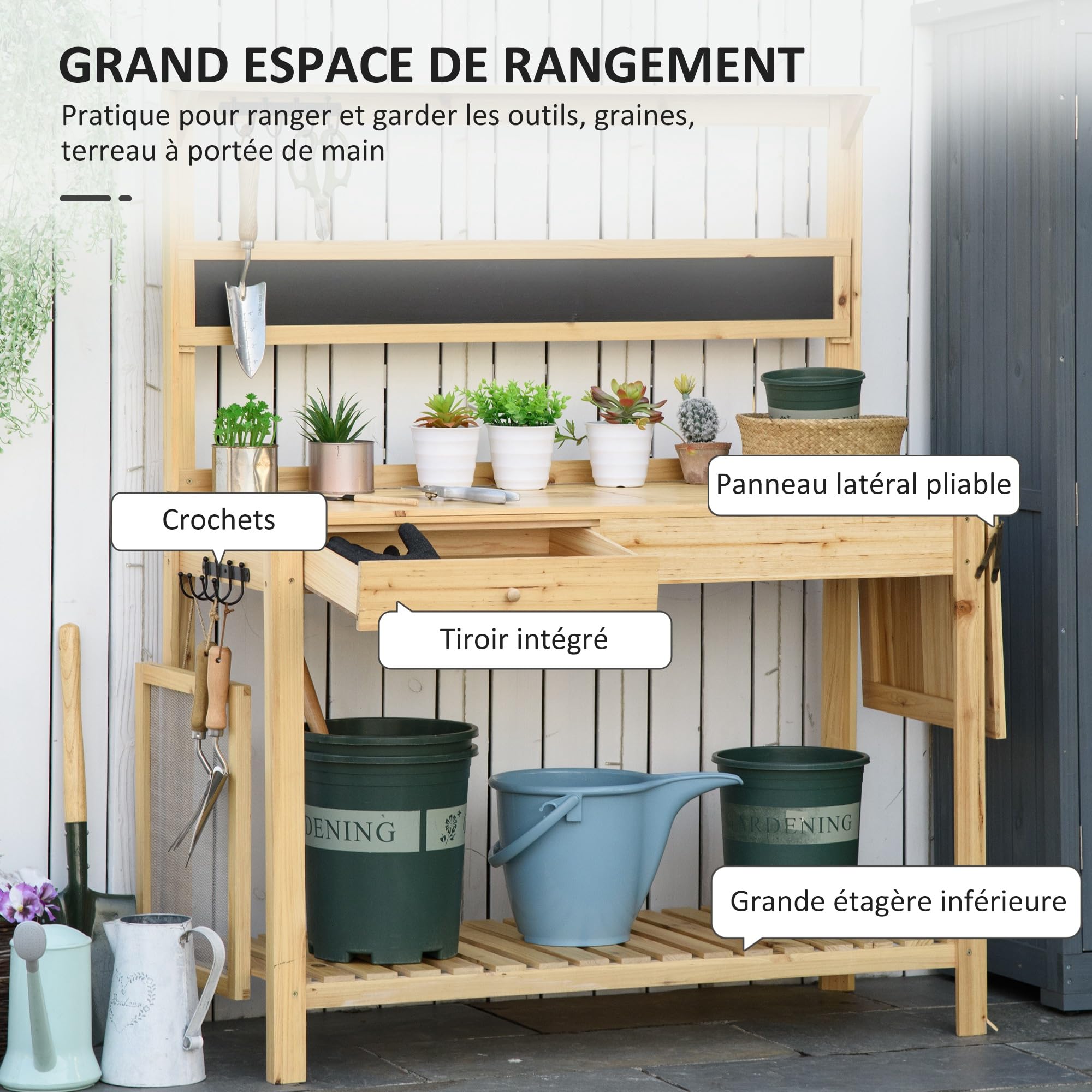 Outsunny Table de rempotage de jardin avec 2 étagères, tiroir, étagère pliante, 8 crochets, évier, tamis, planche en bois d'épicéa
