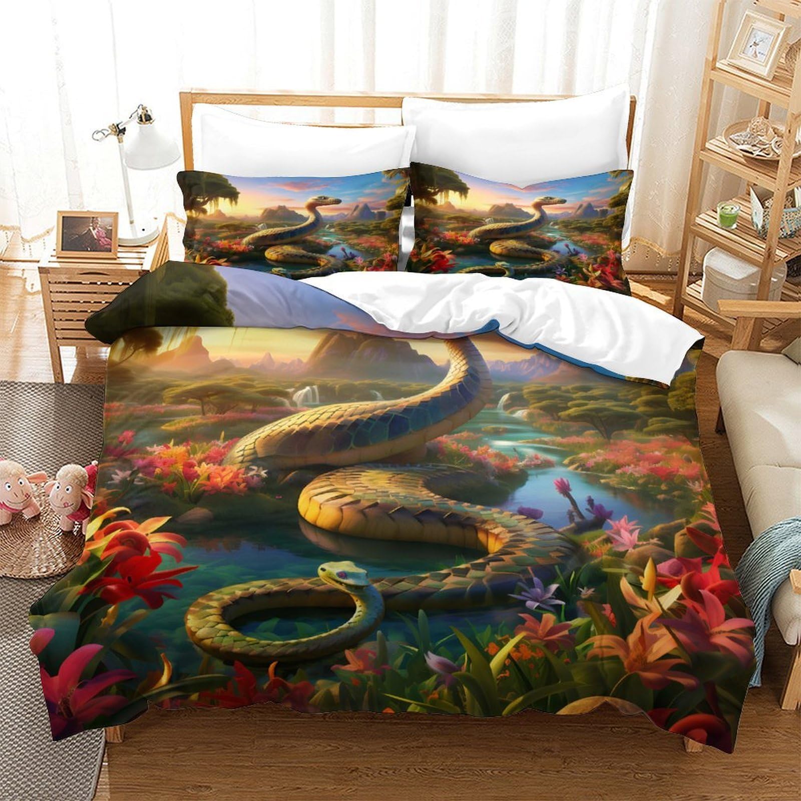Mythische Schlange 3-teiliges Reines Polyester Fantasy Landschaftskunst Bettbezugset, Versteckter Reißverschluss, Für Kleinkinder, Babysicher & Gifffrei, Pflegeleicht King（220x240cm）