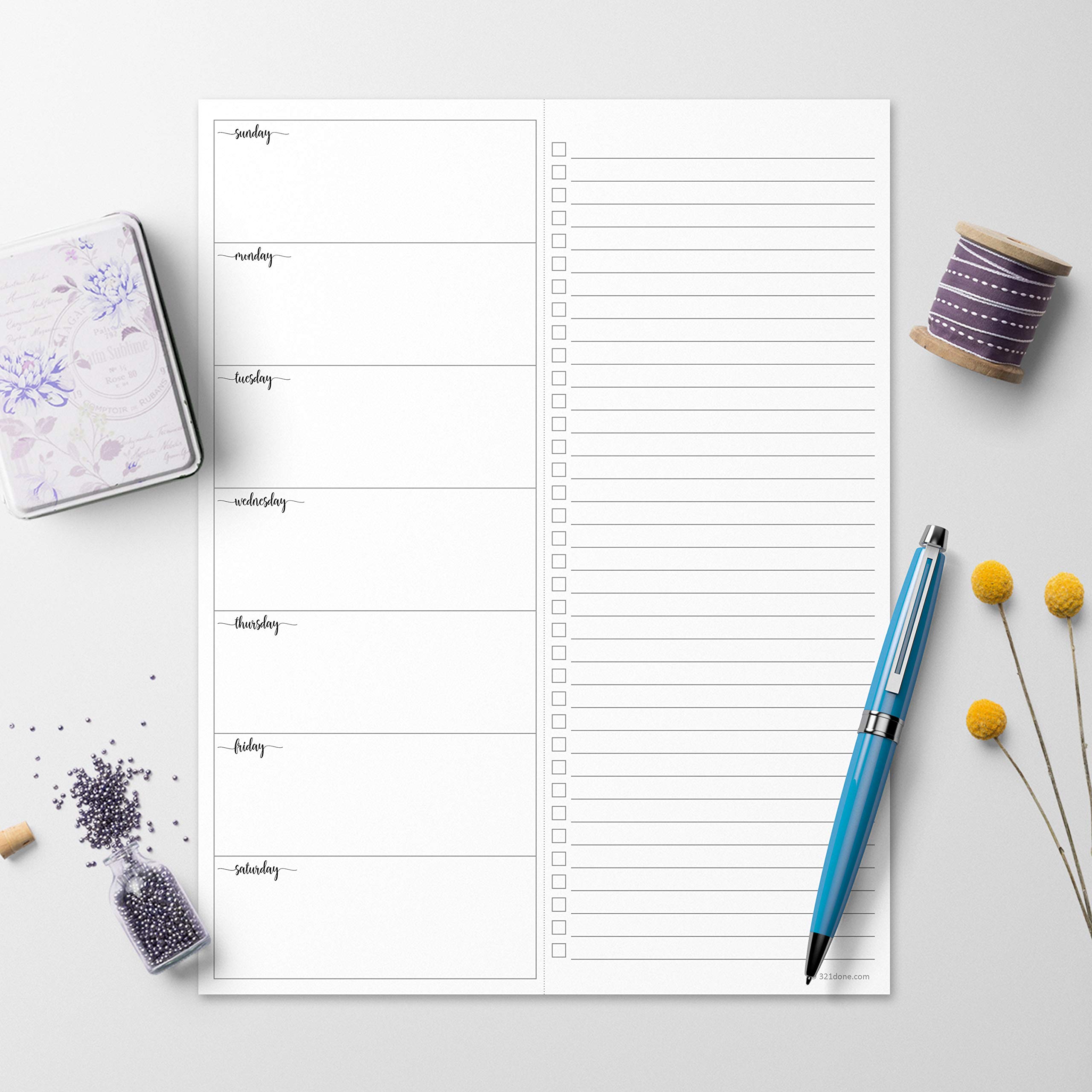 321Done Wochenplan-Checklisten-Notizblock, 50 Blatt (21,6 x 28,9 cm) – Großbuchstaben – hergestellt in den USA – zwei Spalten, minimalistischer To-Do-Planungs-Notizblock, einfache Planer-Einlagen für
