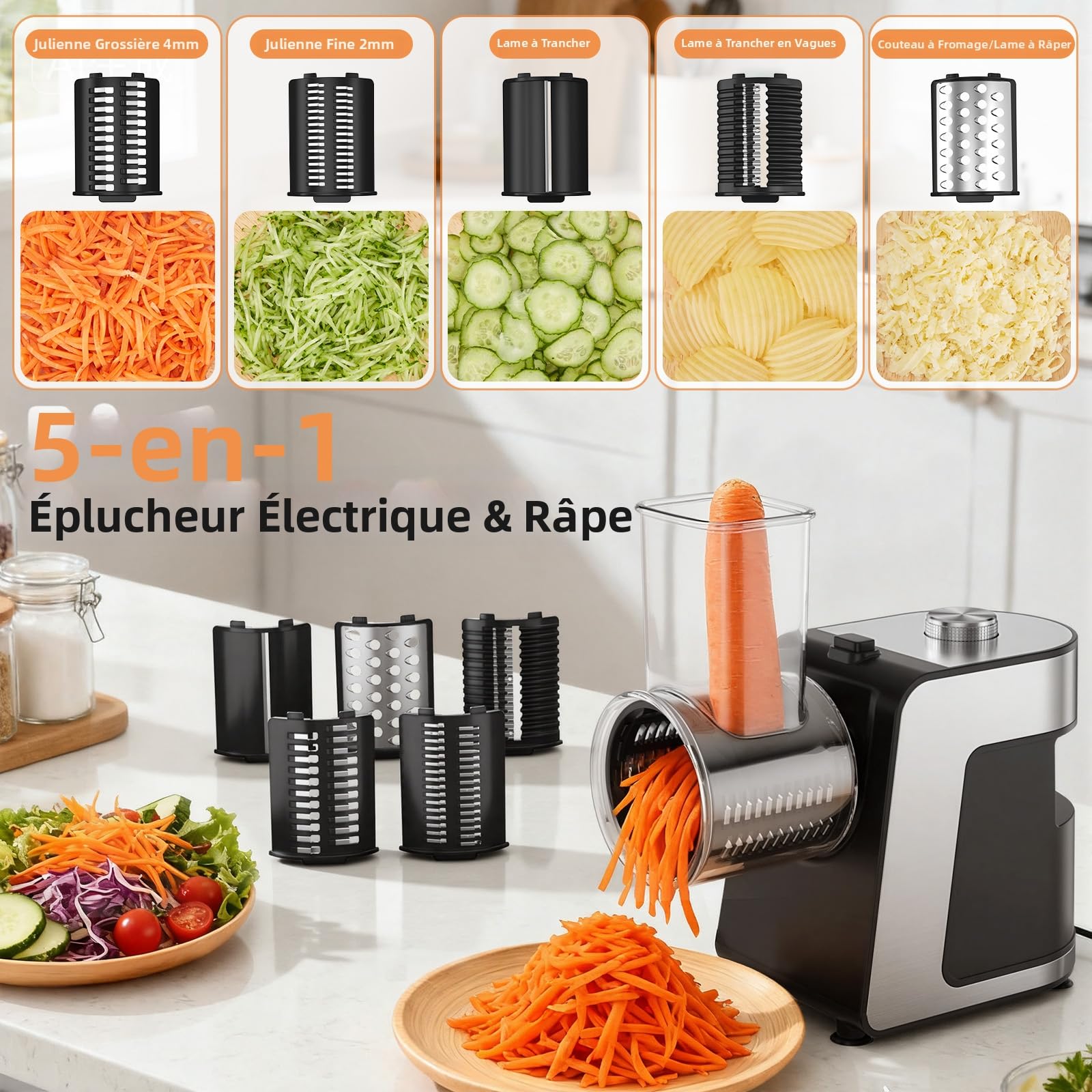 FITNATE Hachoir à Viande Électrique, Robot Multifonction avec Tube à Saucisses, Râpe à Fromage & Coupe-Légumes, 3 Grilles de Hachage Fin/Moyen/Grossier Incluses