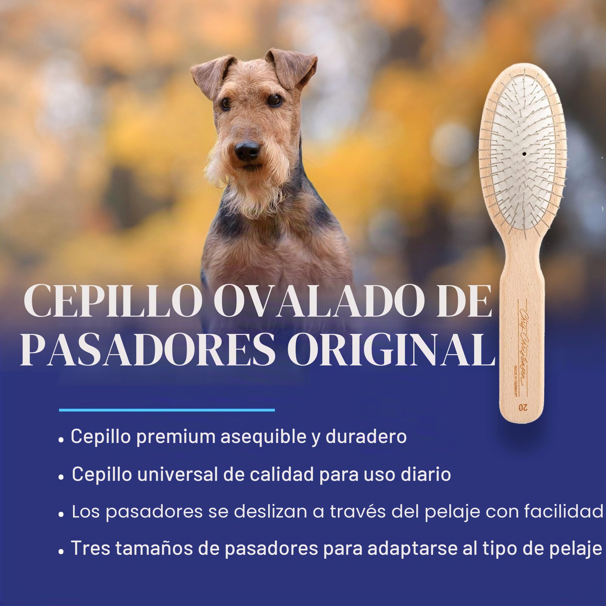 Chris Christensen Cepillo para Perro, Cepillo Ovalado de 20 mm, Serie Original, Groom Like a Professional, pasadores de Acero Inoxidable, Cuerpo de Madera de Haya Ligera, Puntas pulidas y pulidas