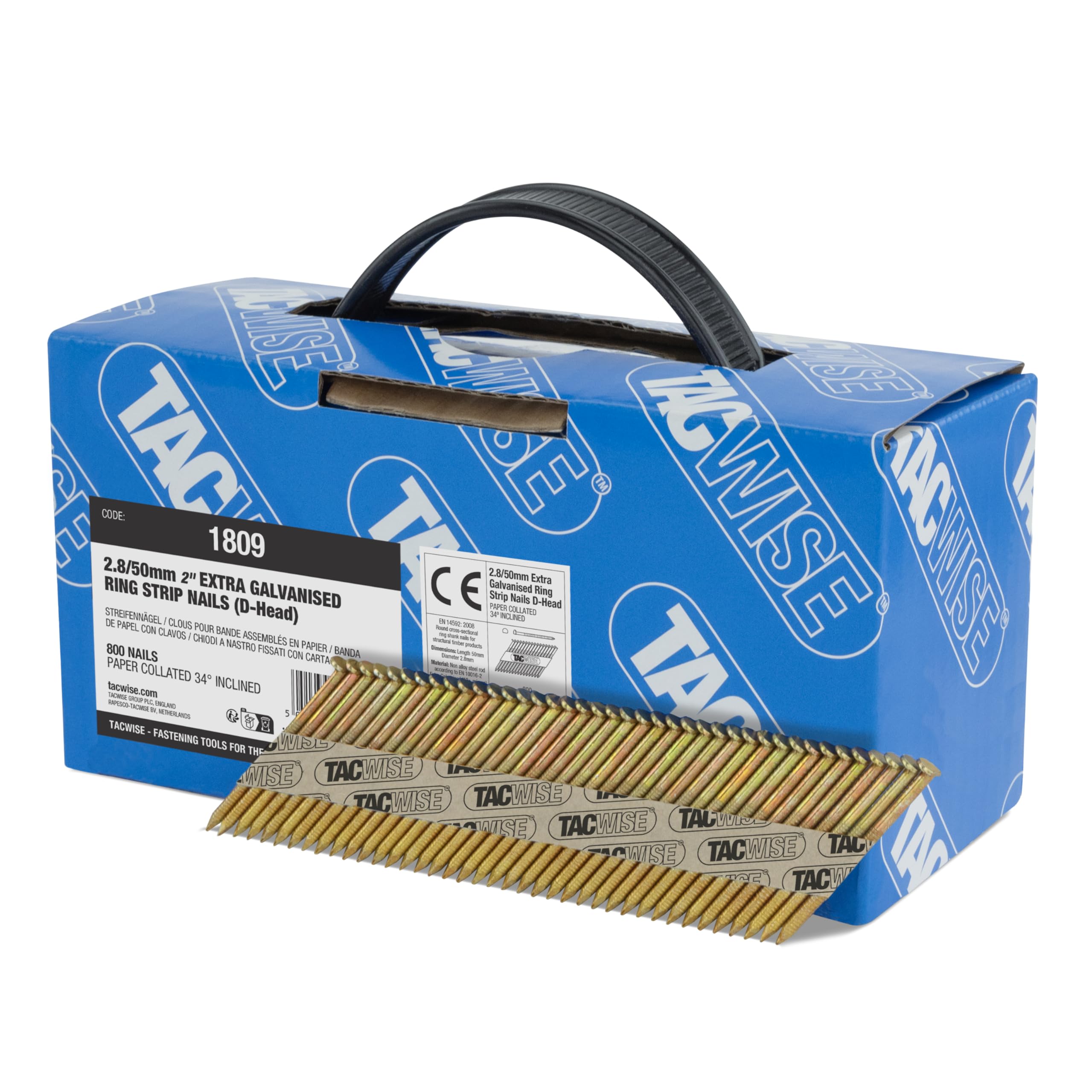 Tacwise Chiodi Inclinati 34° 2,8x50 Mm – Confezione Da 800, Zincati Extra, Testa A D E Gambo Anellato Per Assi, Pavimenti E Recinzioni – Compatibili Con Tacwise KDH90V E Hitachi
