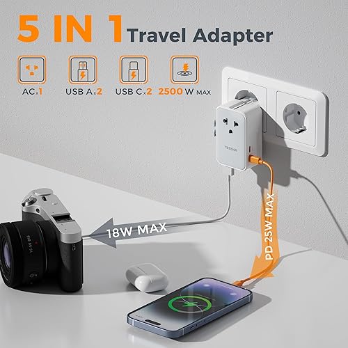 Miniatura 3 de TESSAN Adaptador de viaje universal PD 25W, adaptador de corriente internacional ultrafino con 2 USB A 2 USB C cargador rápido, convertidor de