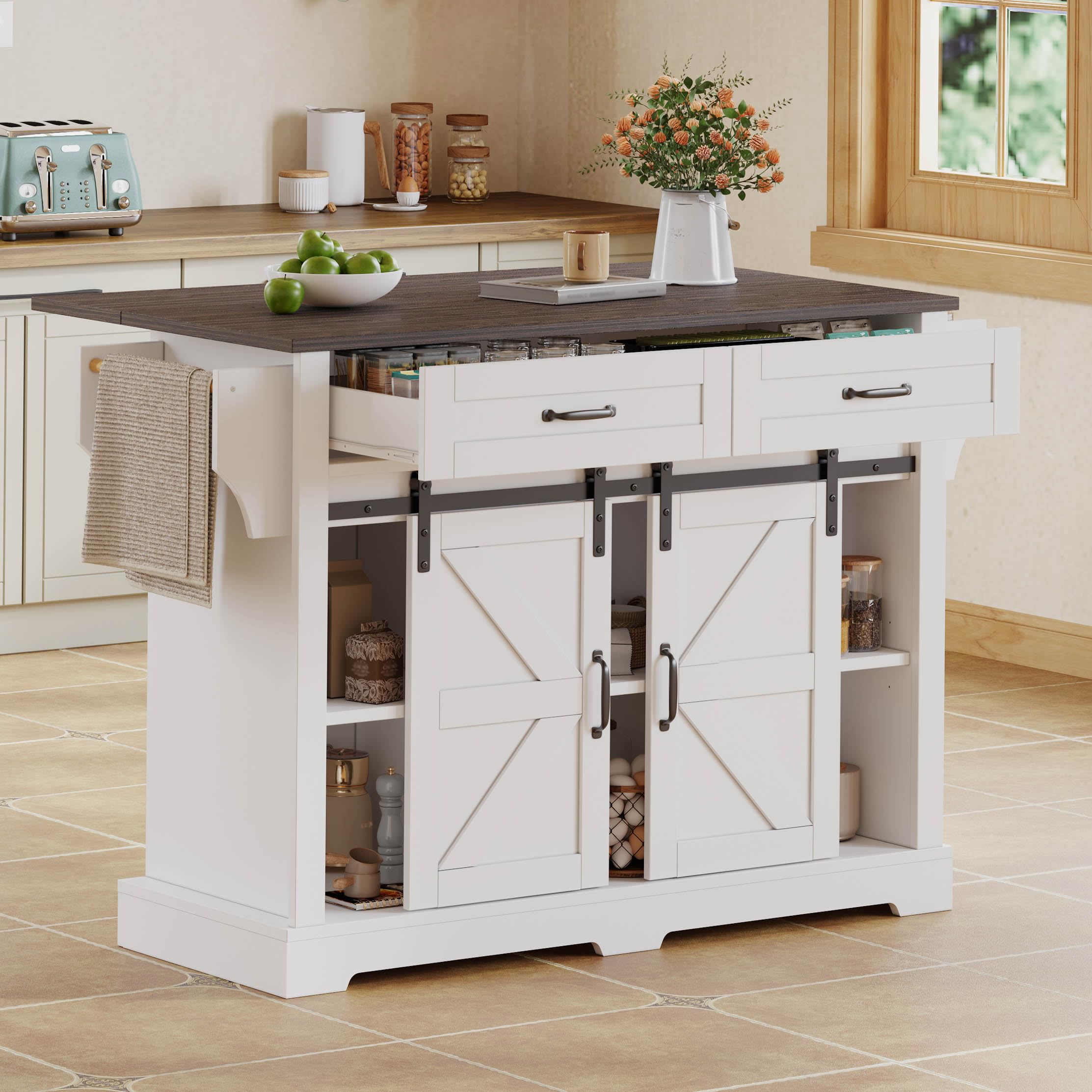 Wyspa kuchenna ze składanym blatem roboczym, wózek kuchenny na kółkach, 2 drzwi przesuwne, 2 szuflady, styl stodoły, brązowo-biały, MDF, 120 x 45 x 91 cm