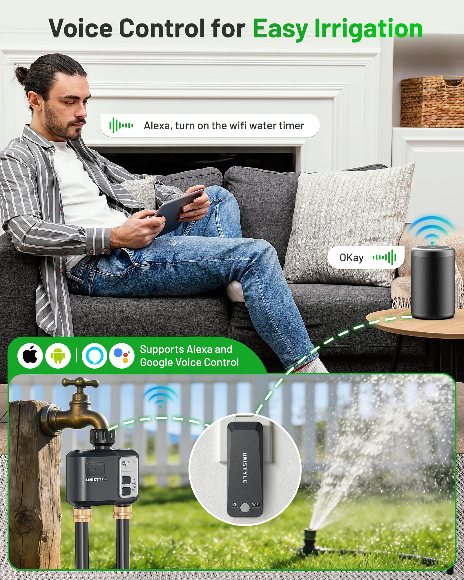 [All-New 2027] 1700FT WiFi Sprinkler Timer 2 Zone, Unistyle Smart Hose Timers Compatible Alexa & Google Voice and App Control, Water Timer for Garden Hose with Auto & Manual Modes for Garden Lawn - 4