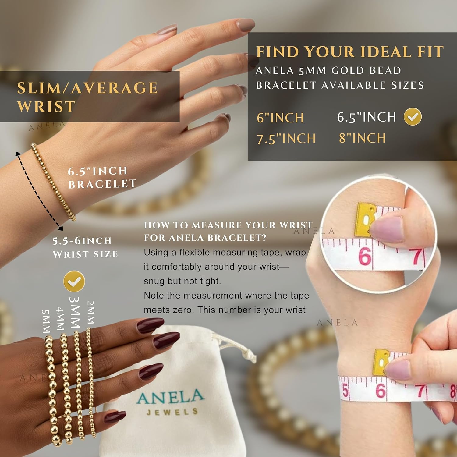 Anela 14k Gold Filled Beaded Bracelet for Women | 3mm Gold Beaded Bracelet | Stackable Gold Stretch Bracelets, Waterproof, Non Tarnish Dainty Gold Bracelet for Women Gifts, Handmade in USA
