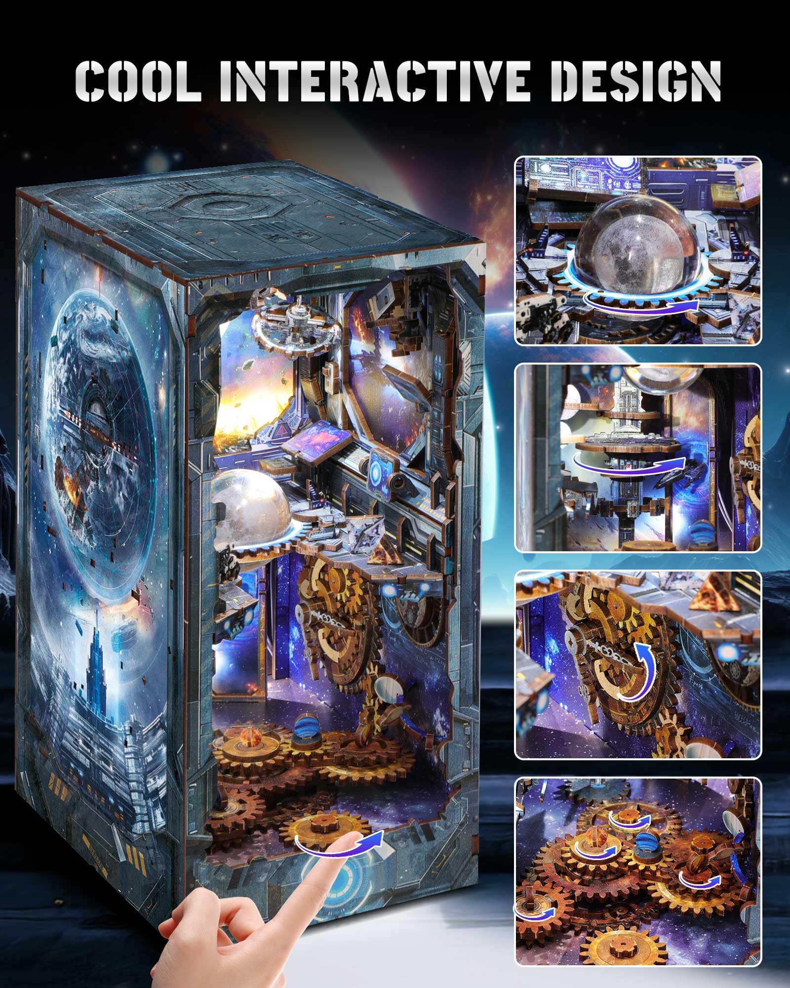 RONSTONE Book Nook Kit - DIY Casa Delle Bambole Booknook con Coperchio Antipolvere - Inserto per Libreria con Luce a Led - Doomsday Starship Craft 3D Puzzle Regalo per Adulti