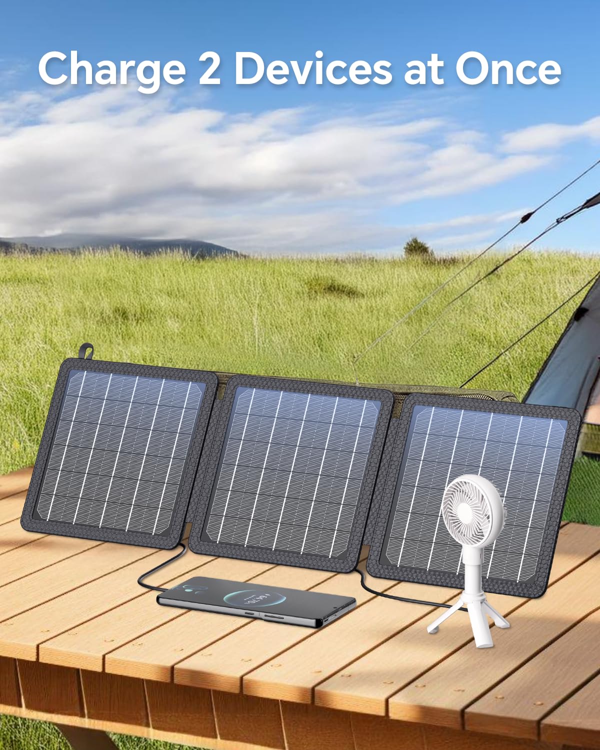 Panneau Solaire, Chargeur Solaire Portable 15W Sorties USB-C/USB Compatible avec Téléphones, Efficacité de Conversion élevée 24%, étanche IPX4 pour le Camping et les Activités Extérieures