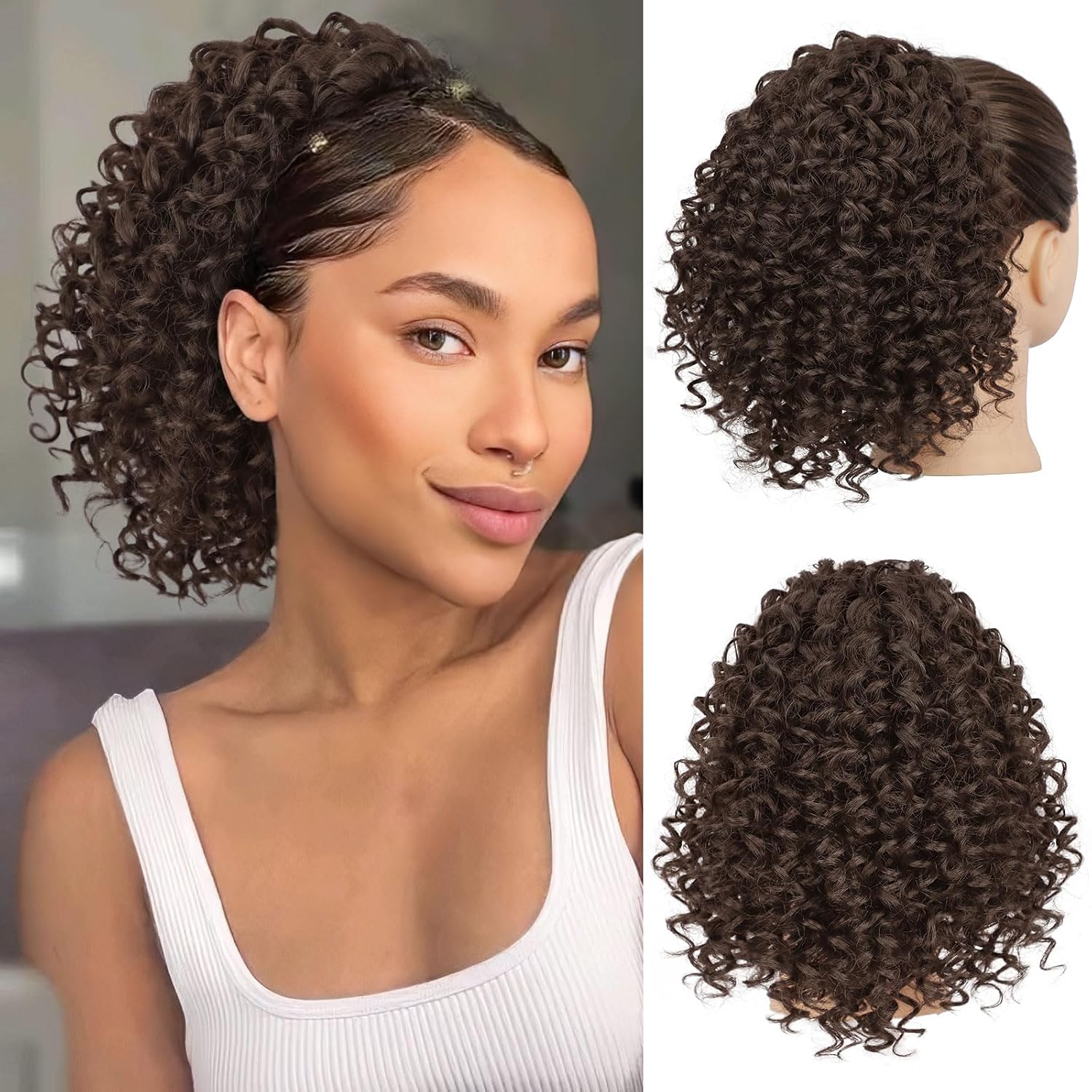 Lommel Ponytail Extension for Black Women,10 Inch Drawstring Ponytail for Black Women Curly Pony Tails Hair Extensions for Womens Afro Kinky Curly Hair Pieces for Daily Use(Brown Black)
