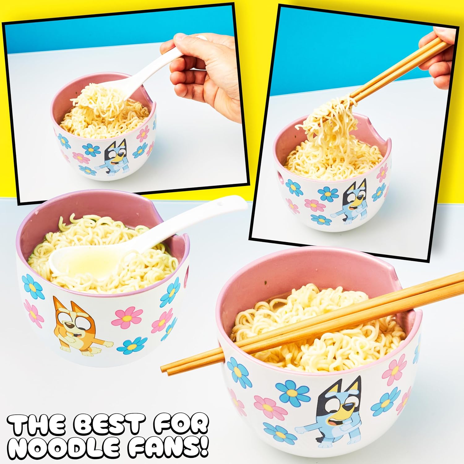 Get Trend Bluey Ceramic Ramen Bowl 3 Pc Set with Bamboo Chopsticks, Spoon for Kids Teens Adults, 20oz Noodle Bowl, Microwave Safe, Gifts for Kids (Multi Bluey)