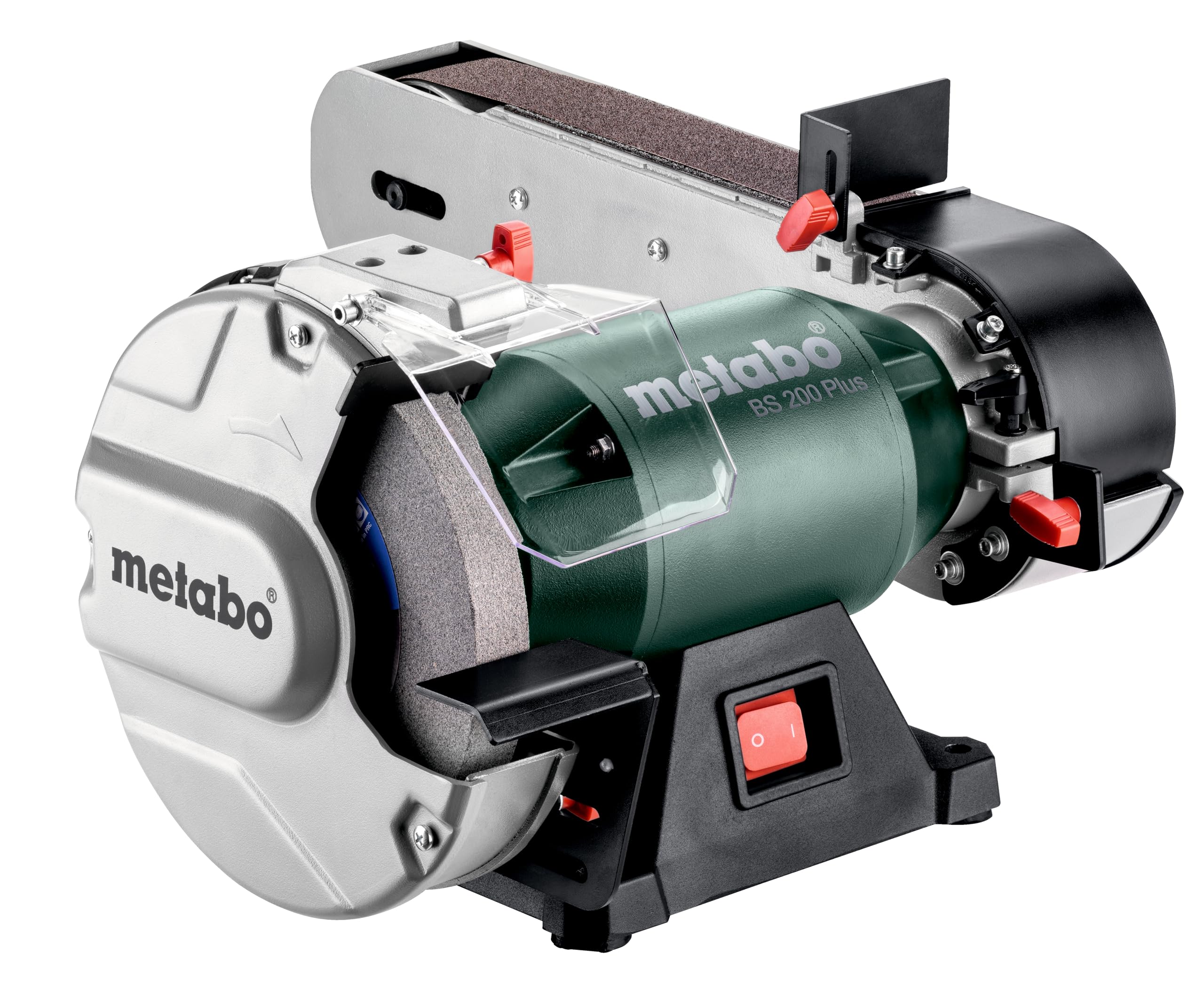 metabo BS 200 Plus Schleifmaschine, Elektrisch, Schärfgerät Holzschleifer | Schleifbock Kombimaschine mit Absaugung zum Entrosten, Messer Schärfmaschine, inkl. Schleifscheibe, Band & Zubehör