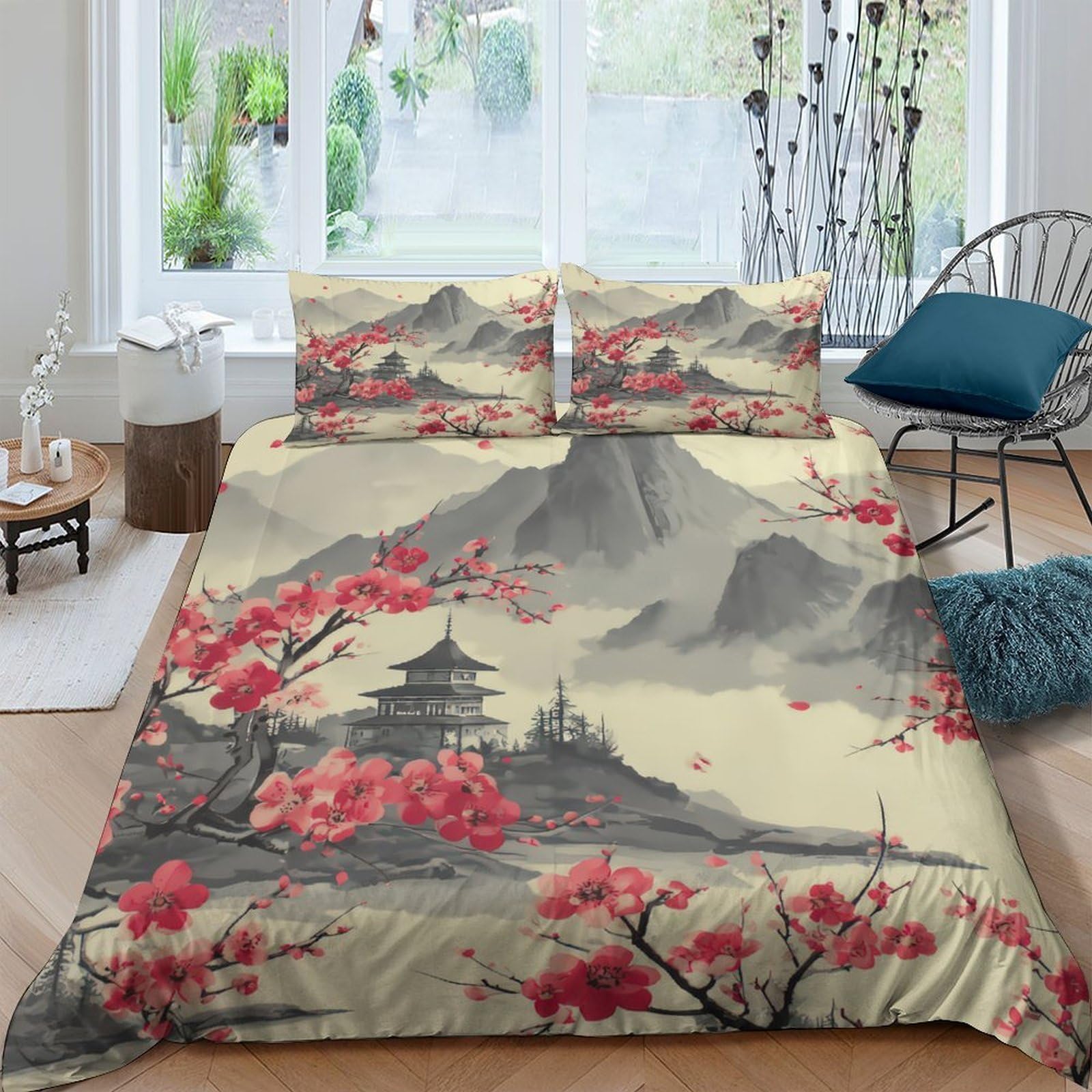XFKLYNVCJ 3D Printed cherry blossoms Bedding Cover Microfiber Asian ink painting style Comforter Cover Hypoallergenic Fade Resistant Couples Home Use King（220x240cm）