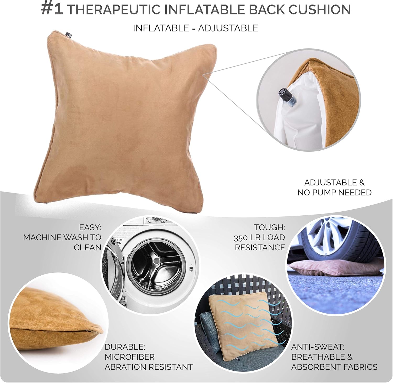 QiPillow - Pain Relieving Ergonomic & Orthopedic Back Lumbar & Posture Support Seat Throw Pillow for Chair, Couch, Bed (Camel)